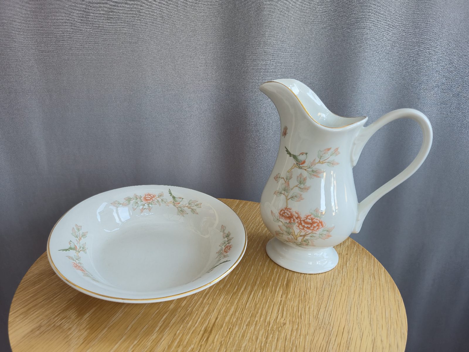 Vintage Oriental Garden Floral Bird Pattern Ceramic Jug & Bowl Set