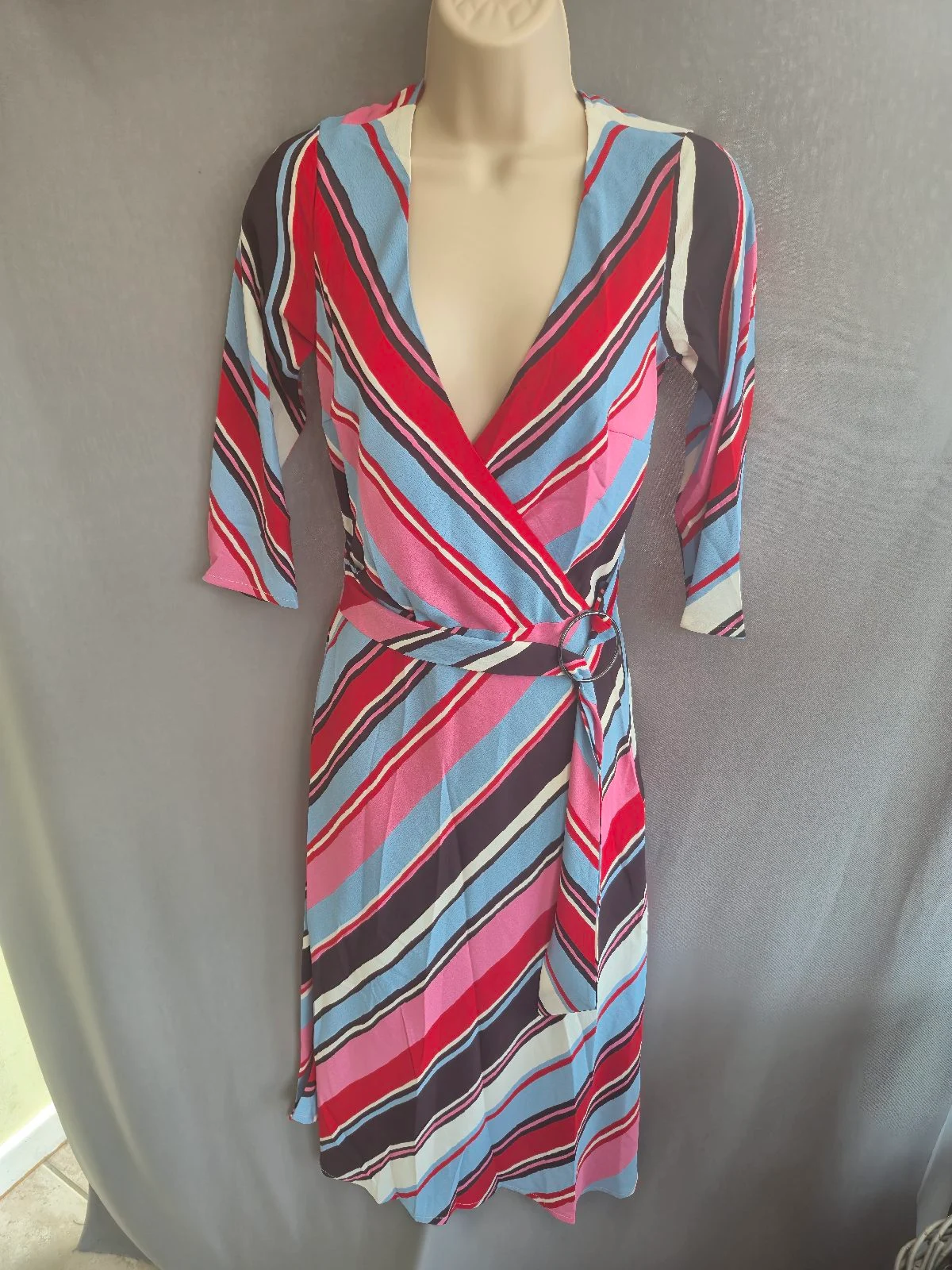 Midi Wrap Dress Size 6 Multicolour Diagonal  Stripe Vibrant Summer Dress Party