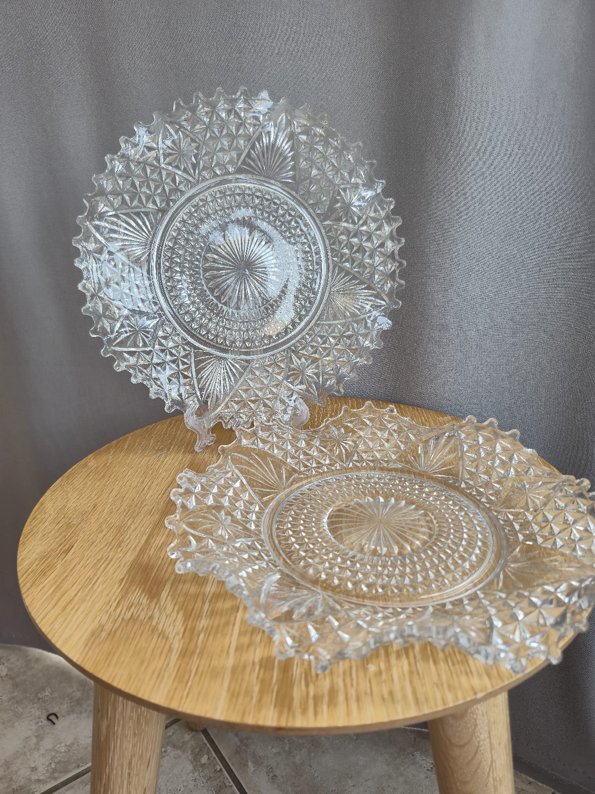 Vintage Pressed Glass Plates - Starburst & Diamond Geometric Design Scalloped Edge