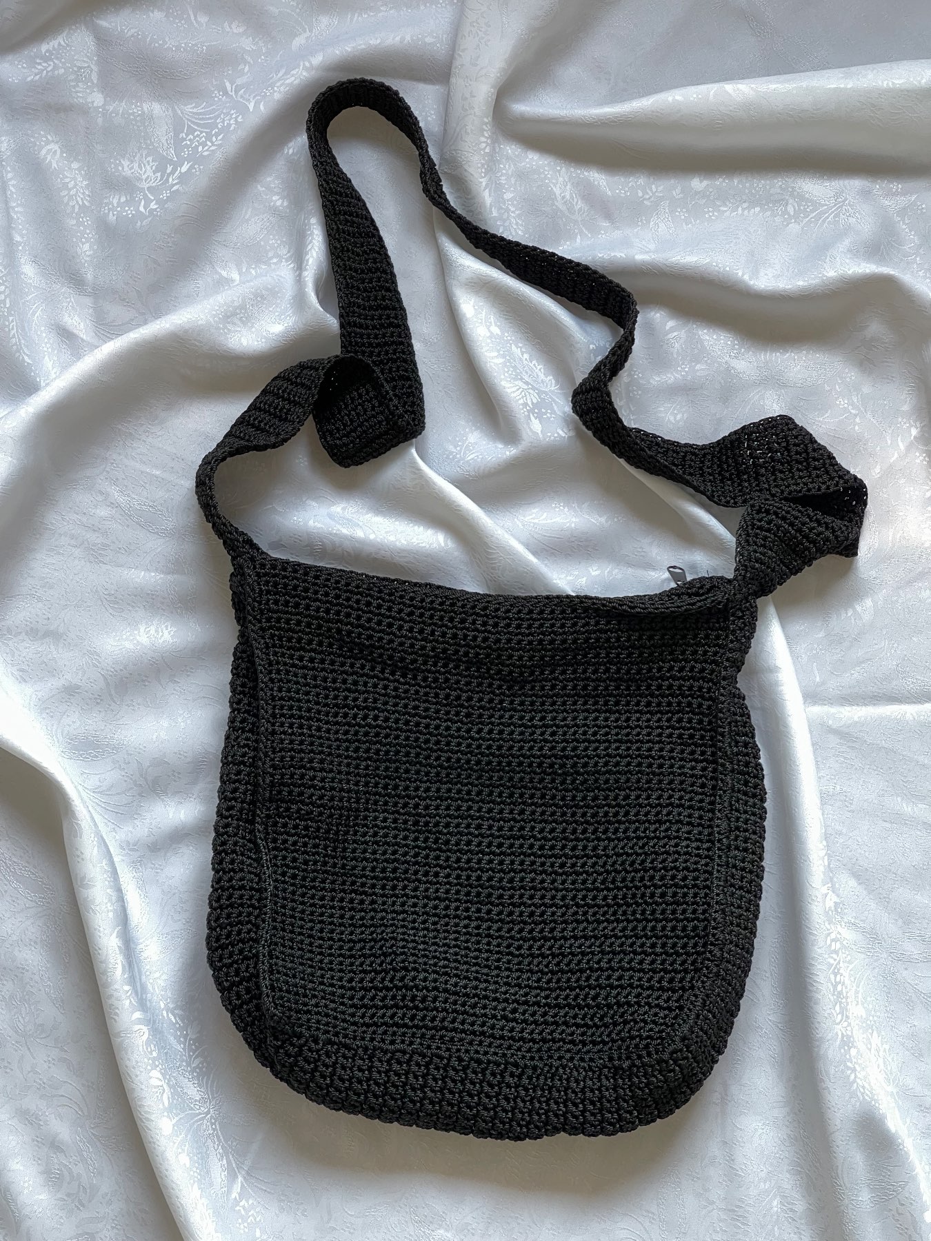 Black Crochet Shoulder Bag | Boho Knit Crossbody Tote | Lined Zip Bag