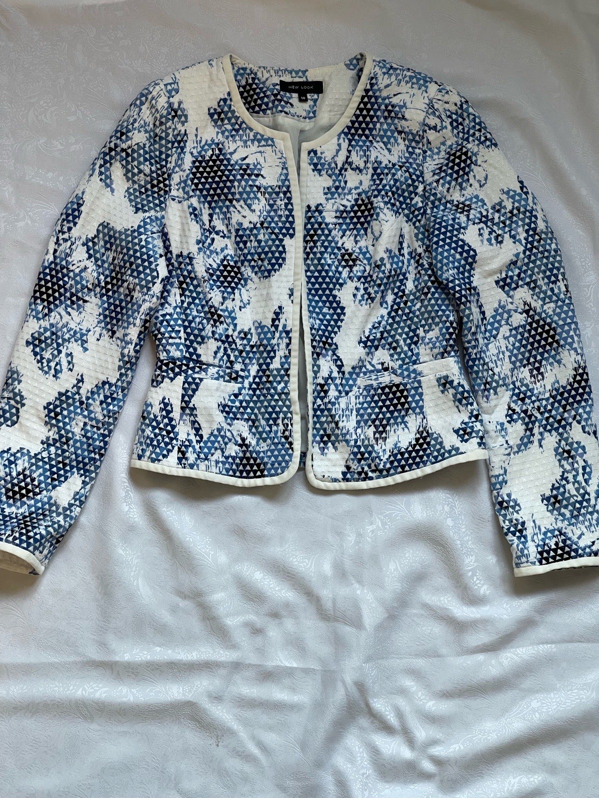 New Look blue & white printed collarless jacket UK 10
