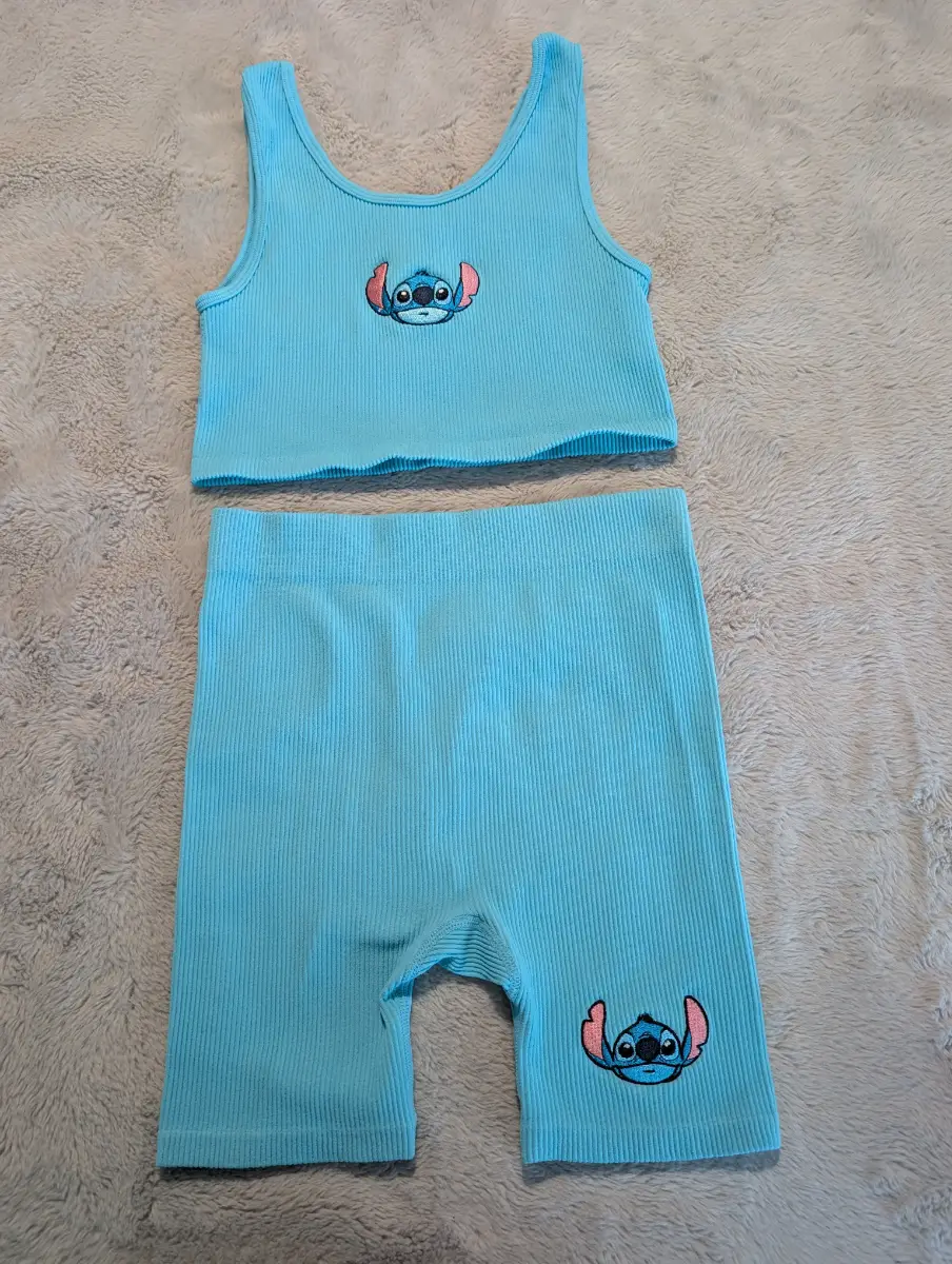 Girls Disney 100 Primark Stitch Light Blue Ribbed Crop Top & Cycling Shorts Set Size M 140cm 1029