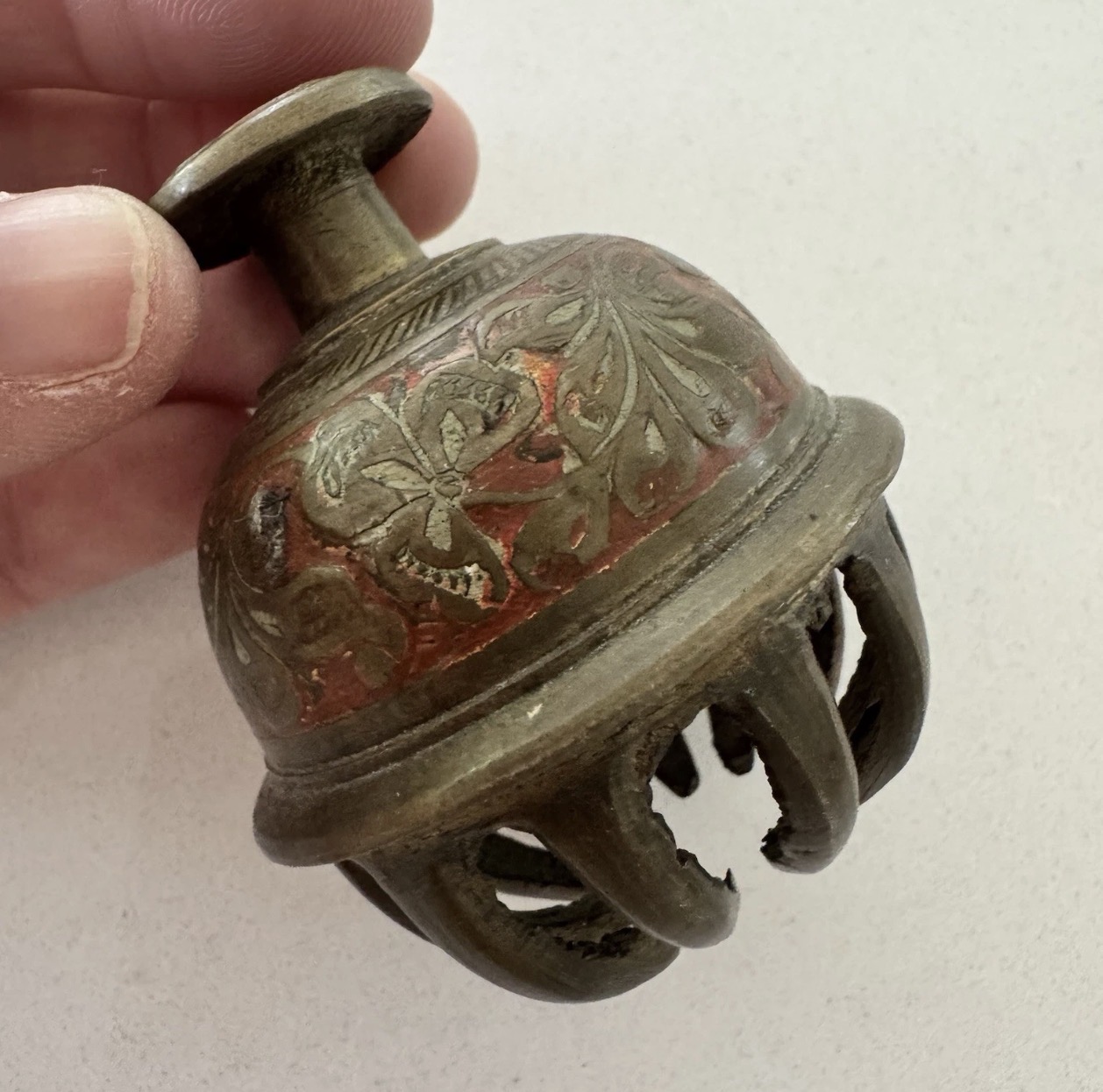 Vintage Brass Elephant Claw Bell With Floral Design Engraving Clapper