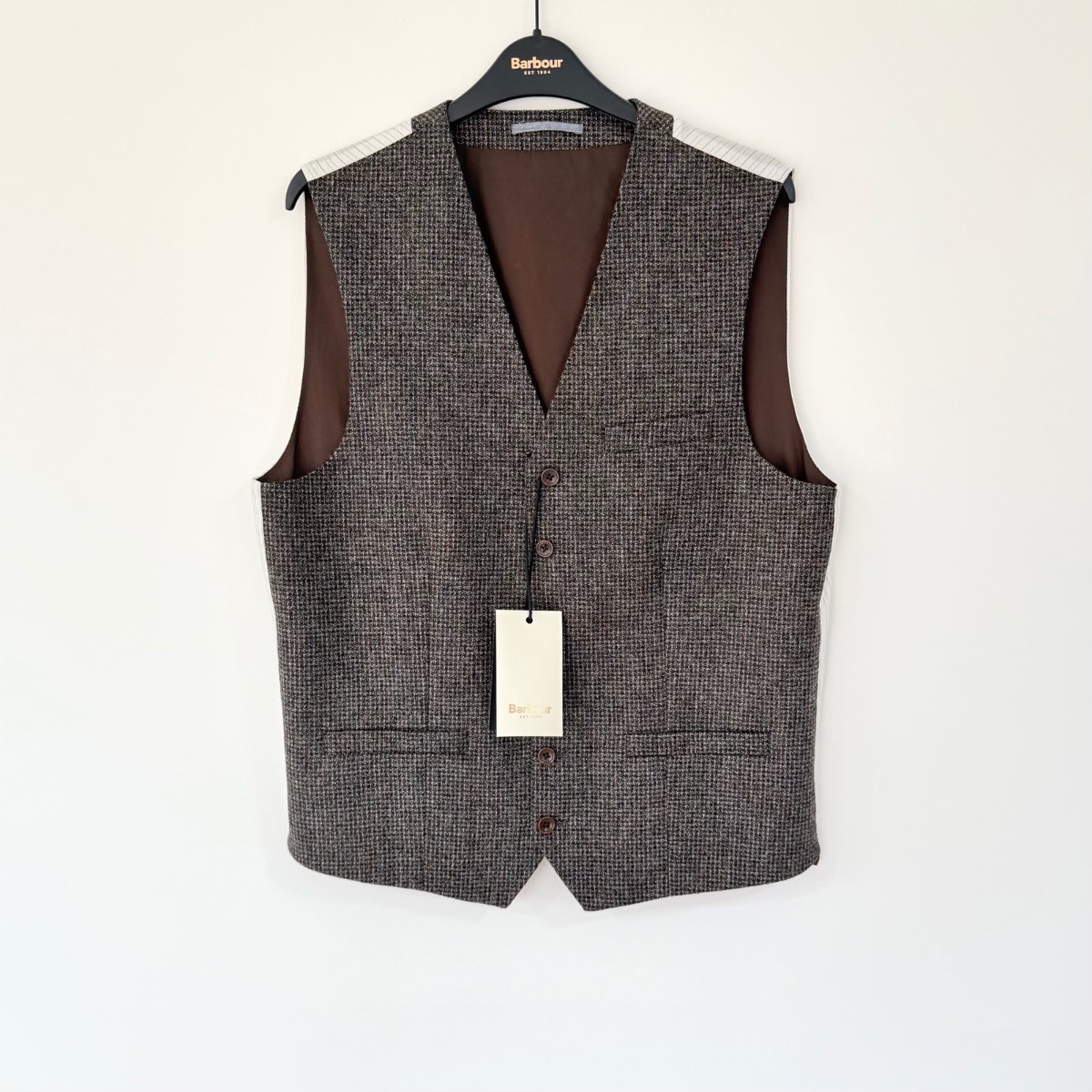 Barbour Men's Wool Suit Waistcoat UK 40R Brown Tweed Smart Country Shooting Formal Wedding Races NWT