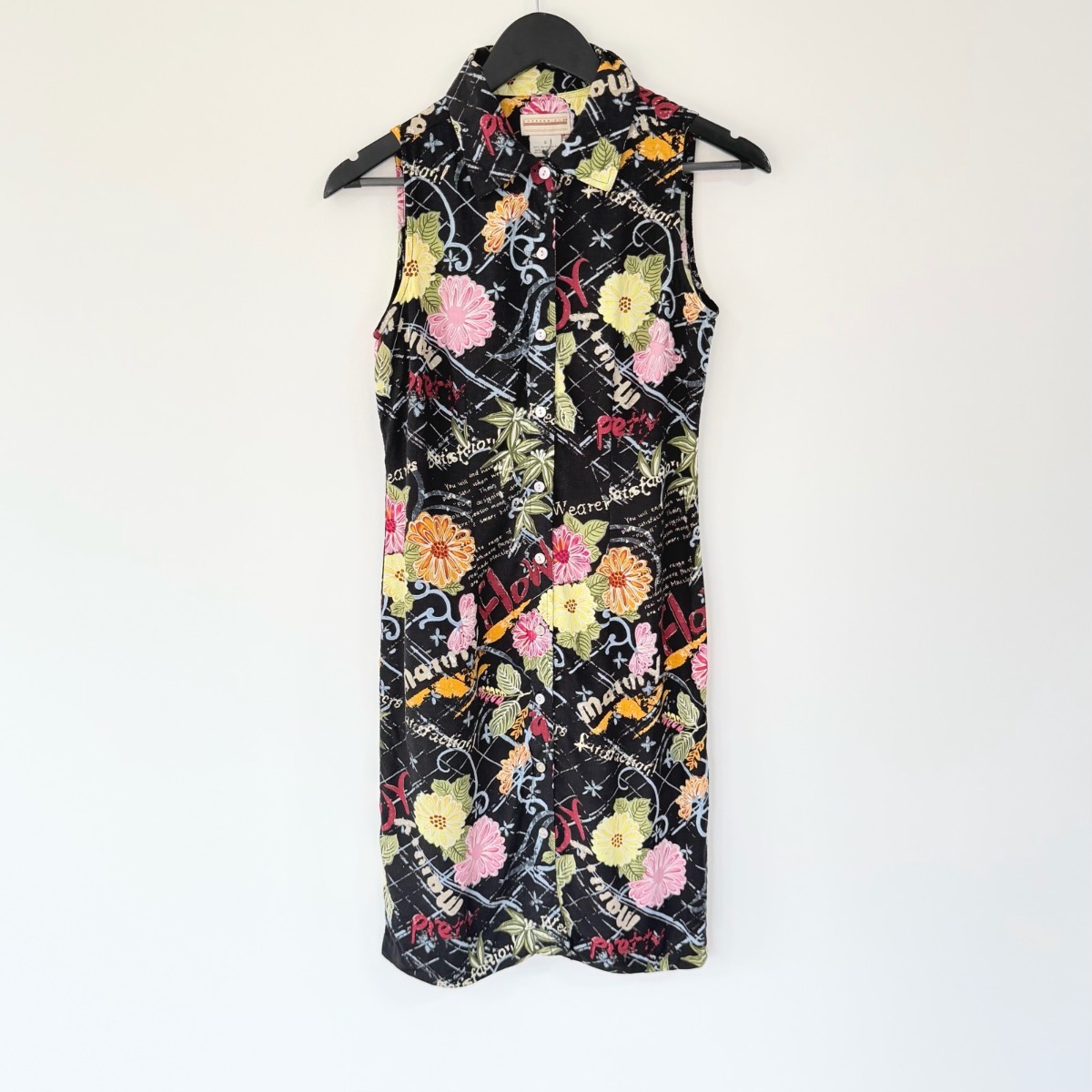Expressions Sleeveless Shirt Dress Women's UK 6 Black Floral Button Front Summer Casual