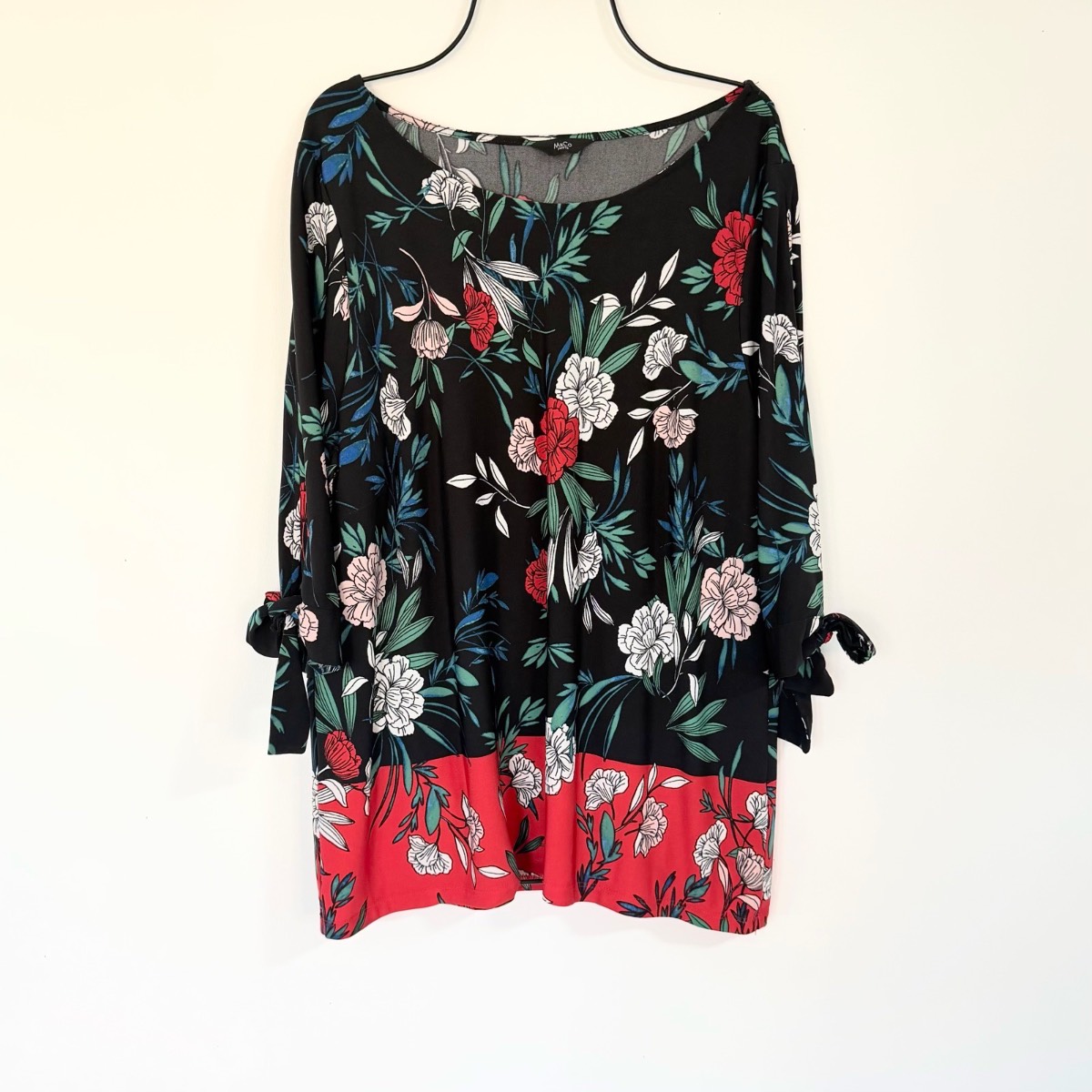 M&Co 3/4 Sleeve Blouse Woman’s UK 16 Petite Black Lightweight Floral Summer Casual Stretch Smart Top