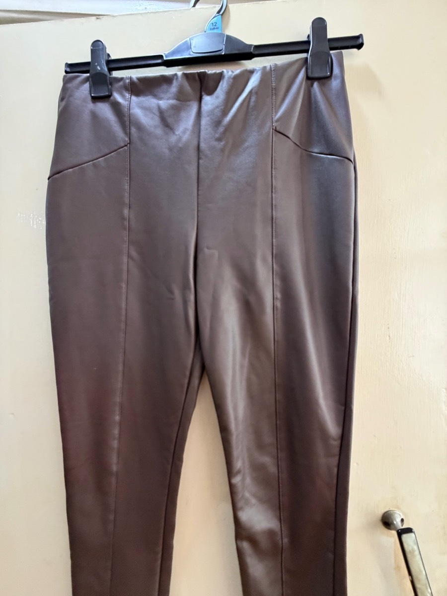 Primark Women's Brown Faux Leather Fleece Lined Leggings Trousers Size M High Waist