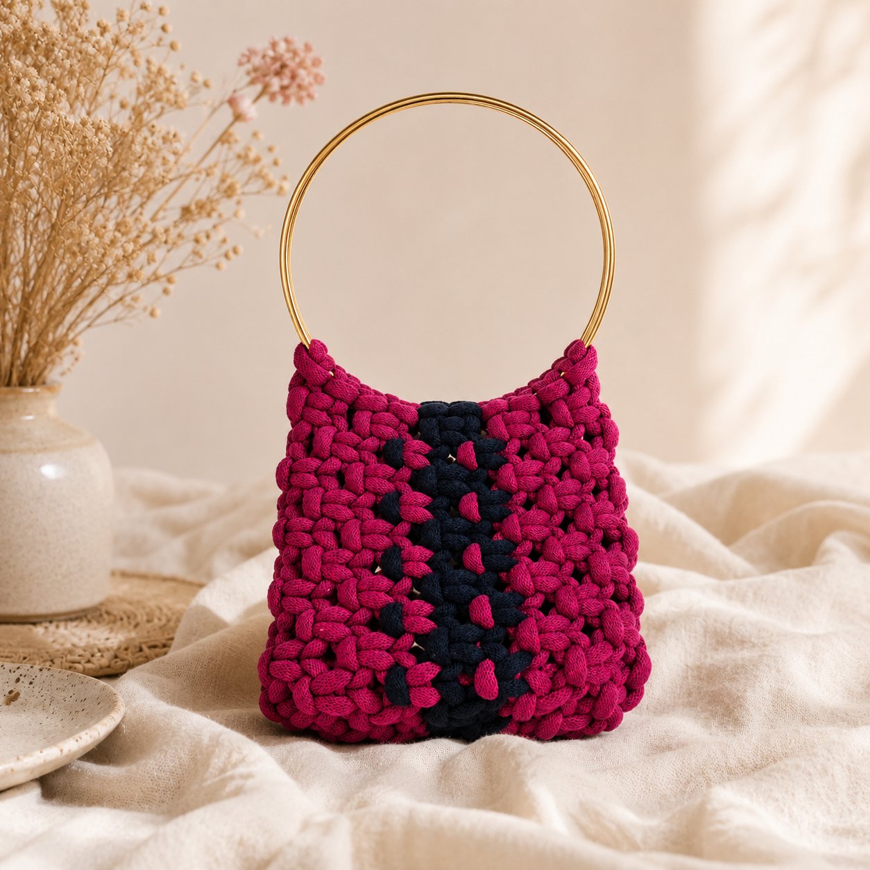 Handmade Macramé Handbag | Magenta Navy Cotton Boho Festival Bag