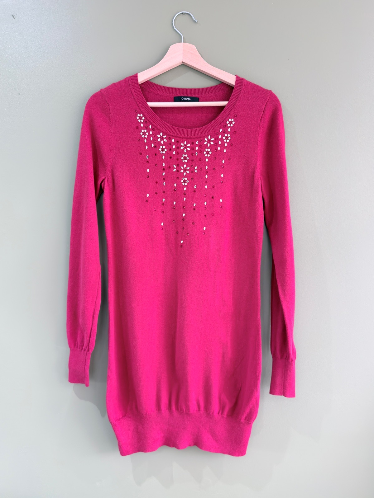 George Womens UK 10 Bright Red Embellished Neck Long Sleeve Cotton Jumper Dress