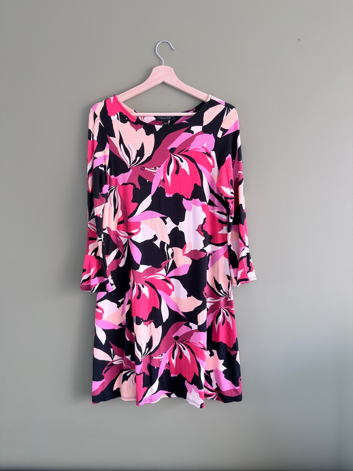 Dorothy Perkins Pink Floral Shift Dress Bell Sleeve Flounce Sleeve Mini Size 12