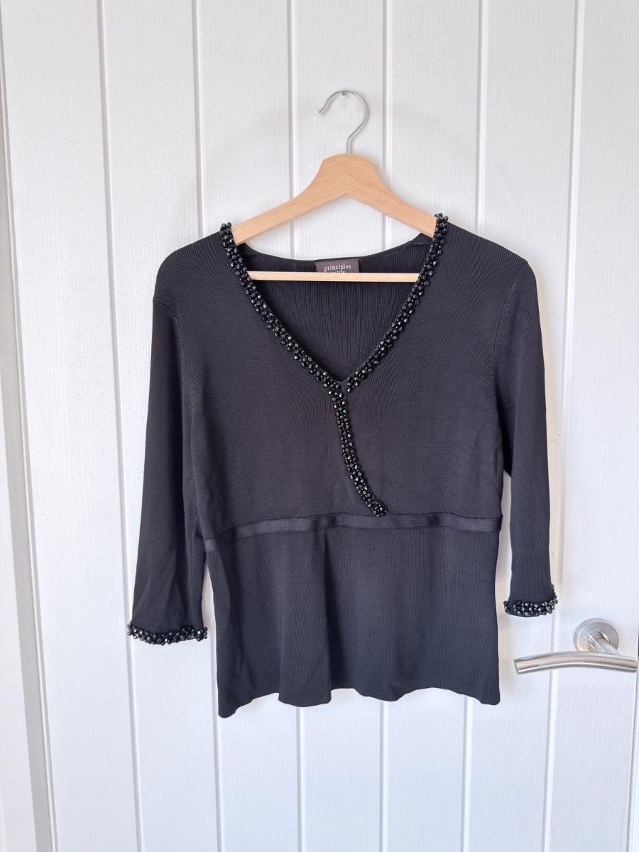 Principles Petite Black Beaded V-Neck Mock Wrap Jumper (UK 16)