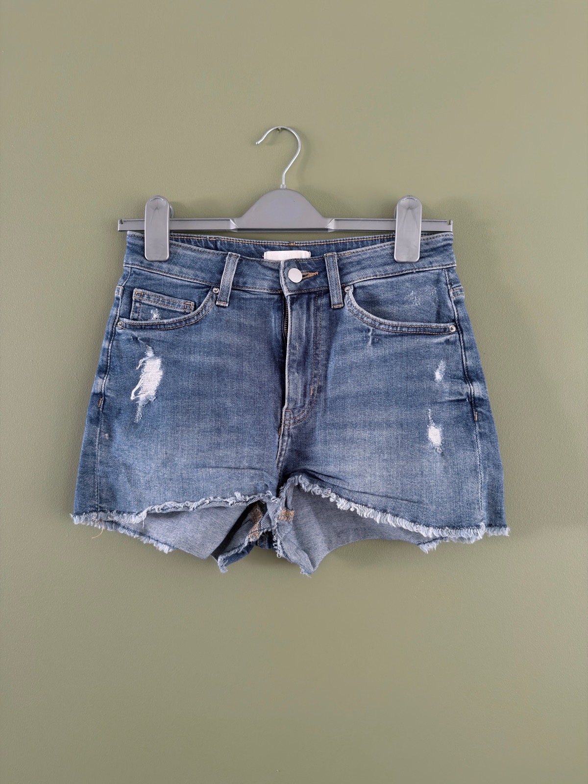 H&M Womens Distressed Denim Shorts High Waist Raw Hem Blue Size US 4 UK 8