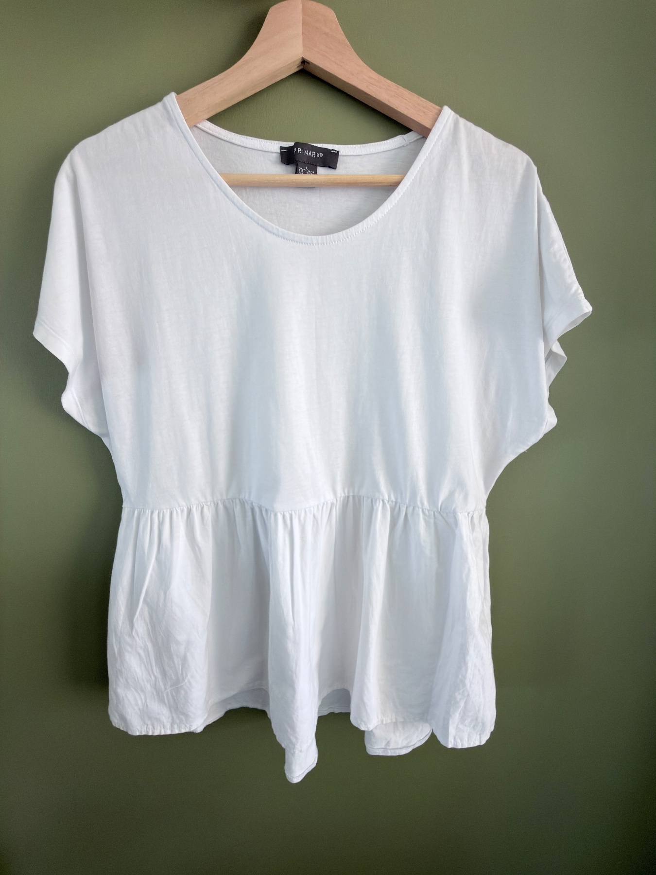 Primark Womens White 100% Cotton Peplum Smock Cap Sleeve T-Shirt Size L 14-16