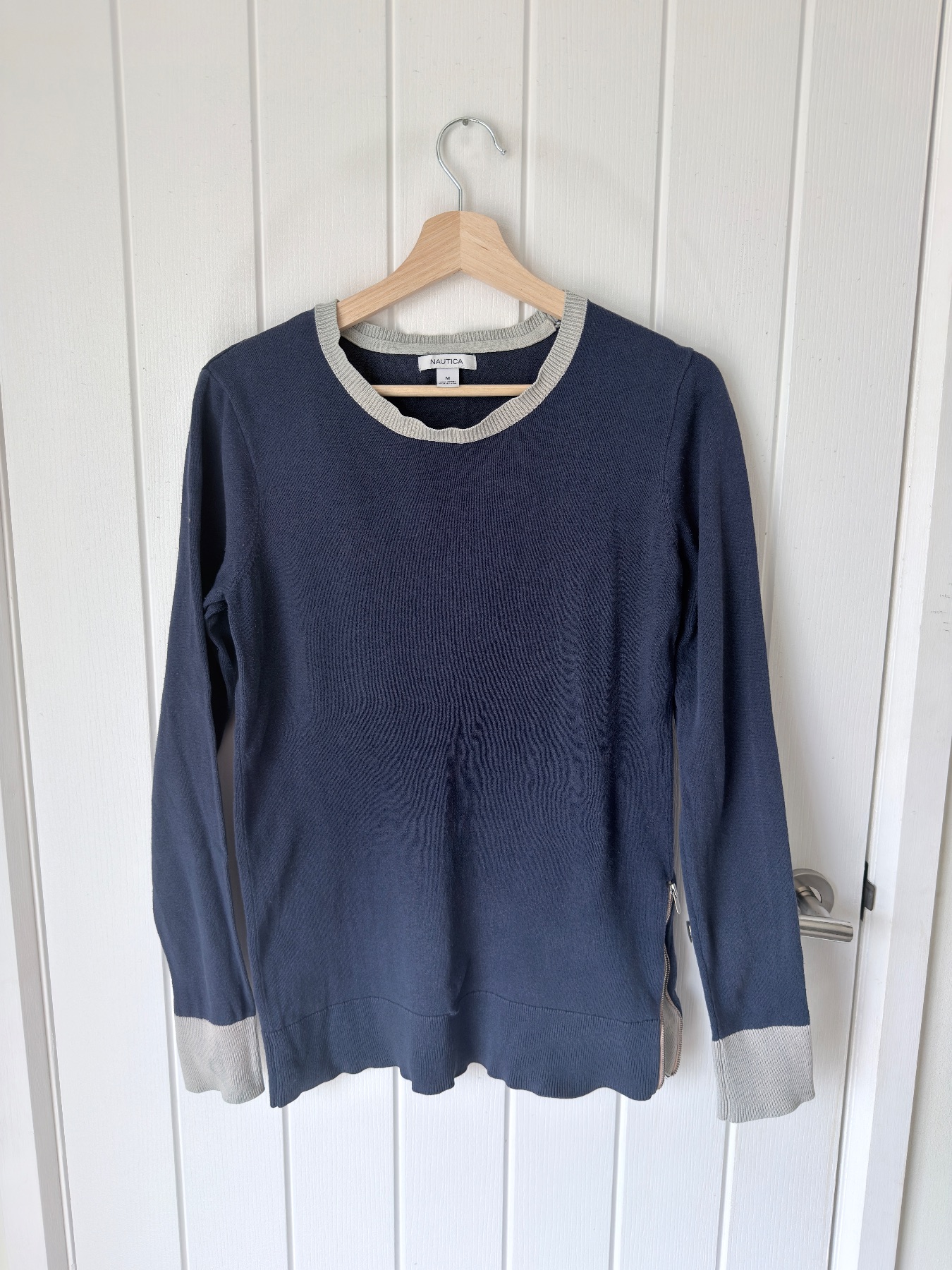 Nautica Womens Jumper Medium Blue Grey Cotton Crew Neck Side Zip Knitted Sweater