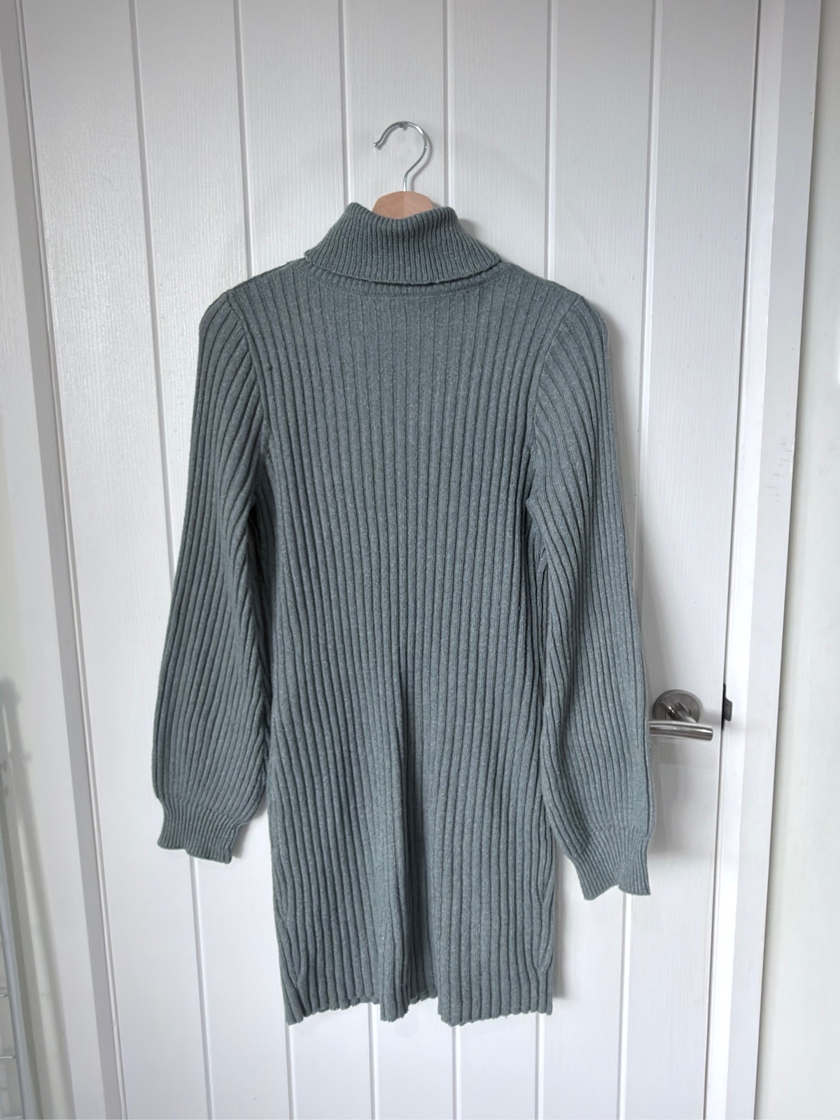 Womens Sage Green Ribbed Knit Roll Neck Jumper Dress Turtleneck Sweater 10-12