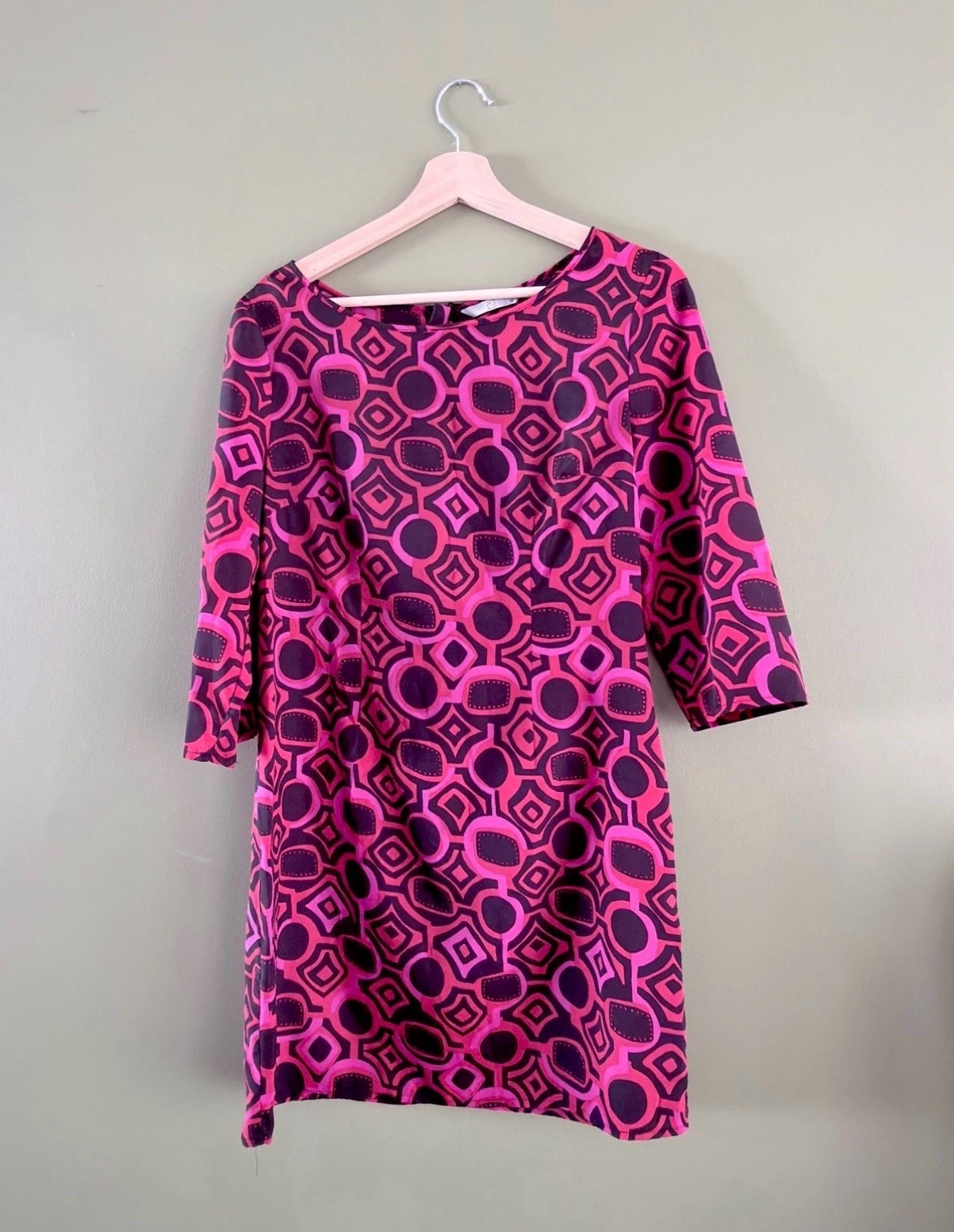 Tu Womens Pink Geometric Retro Print Shift Dress 3/4 Sleeve Size UK 10