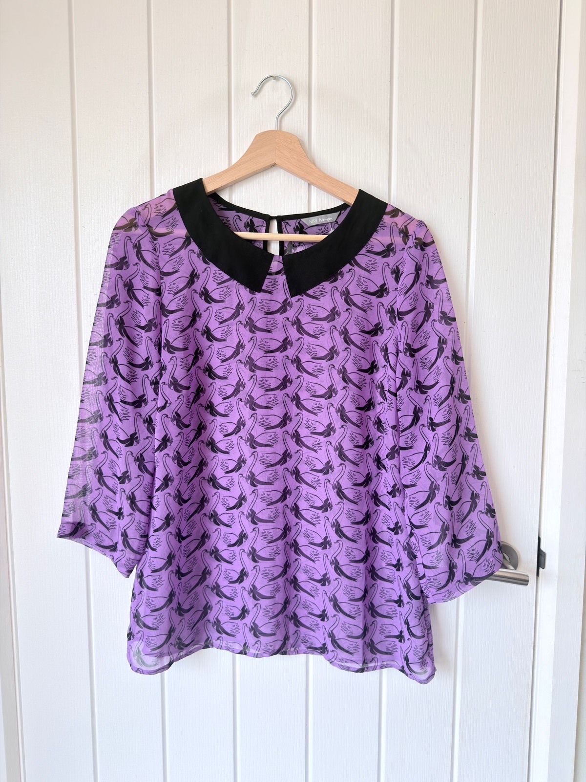 M&S Woman Purple Swan Print Blouse Peter Pan Collar Top Size UK 14