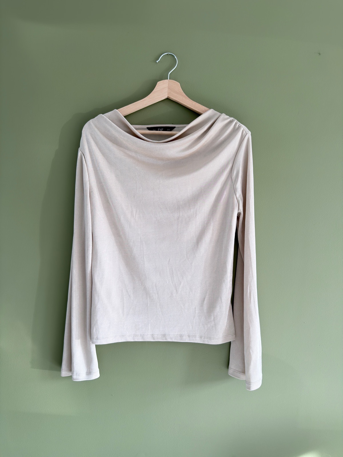 F&F Womens Beige Shimmer Cowl Neck Top Size 12 Long Sleeve Metallic Sparkle