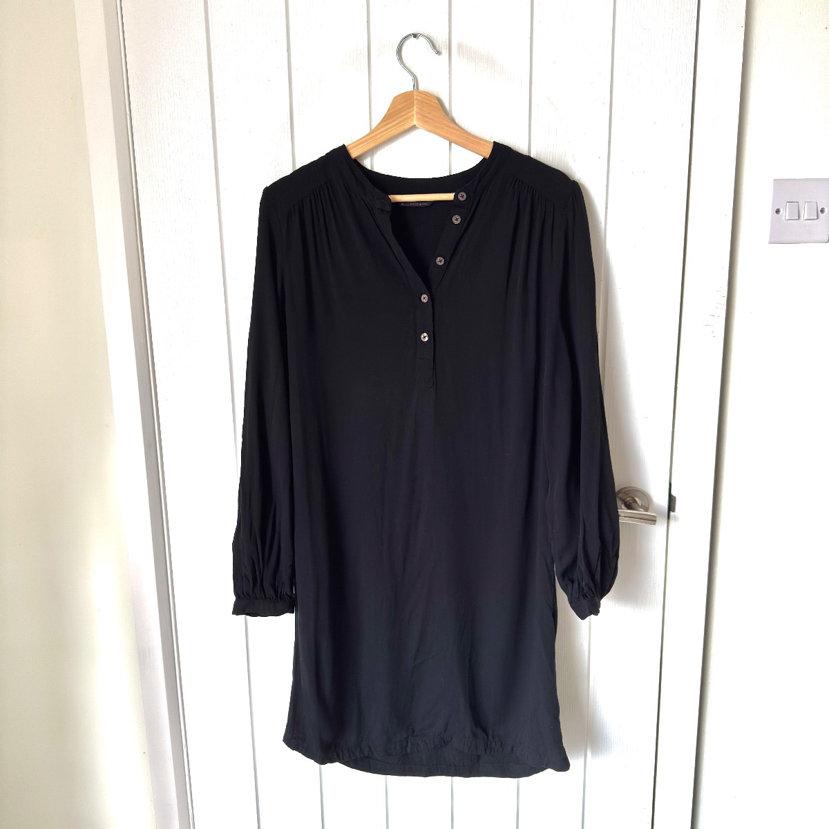 M&S Collection Black Viscose Tunic Dress Long Sleeve Henley Neck Size UK 10 Regular