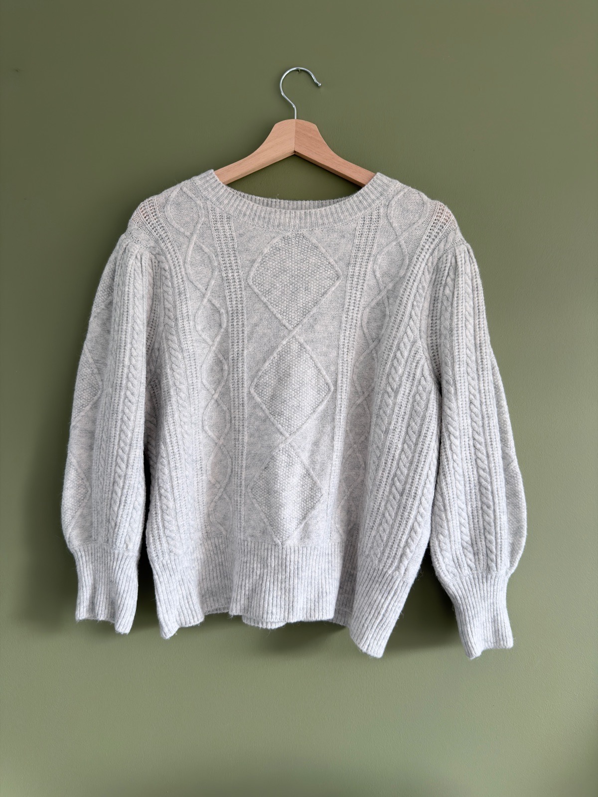 Primark Women's Grey Cable Knit Puff Sleeve Jumper Size L (UK 14-16)