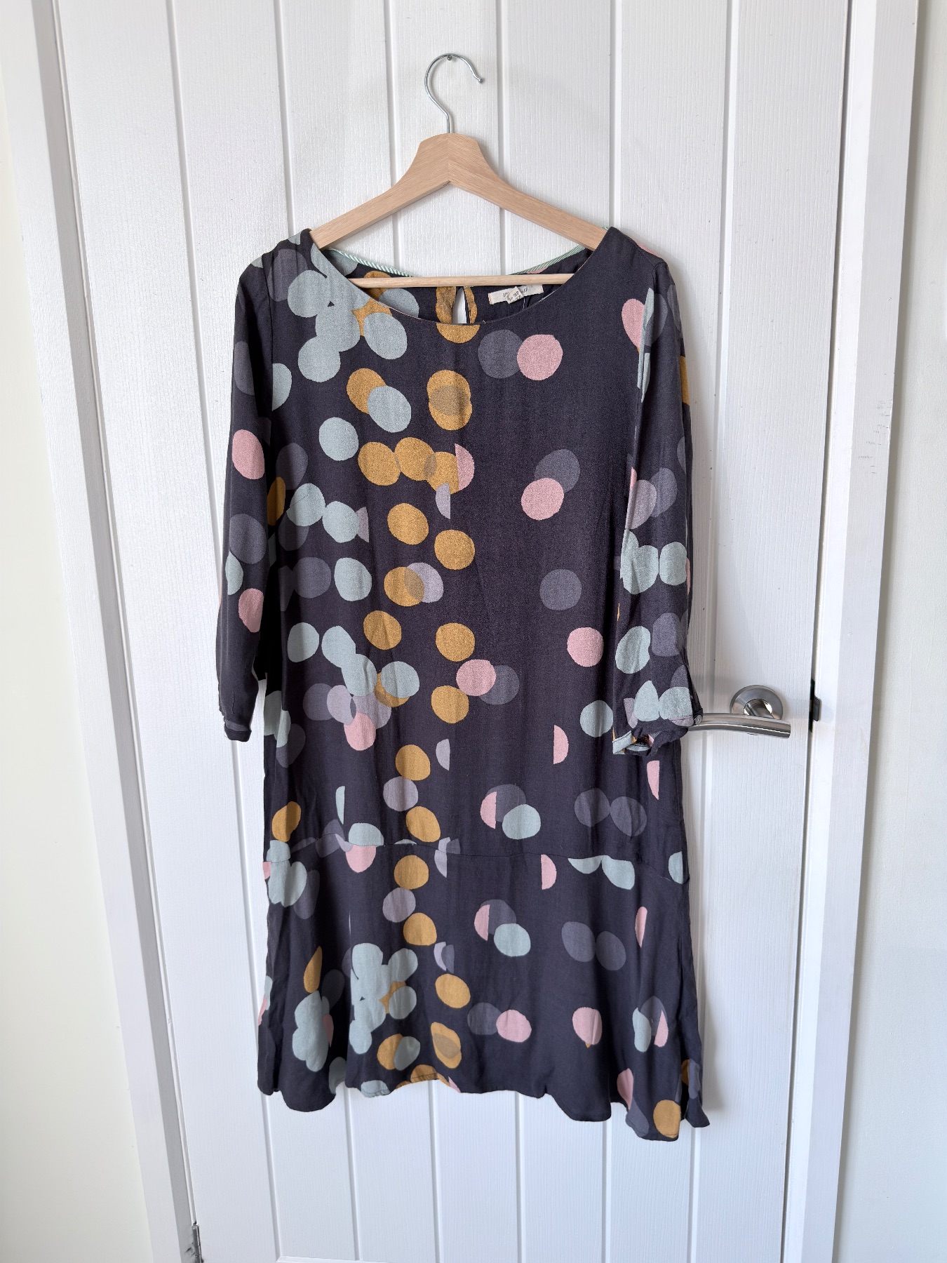White Stuff Grey Polka Dot Shift Dress 3/4 Sleeve Keyhole Back (UK 18) - Faulty