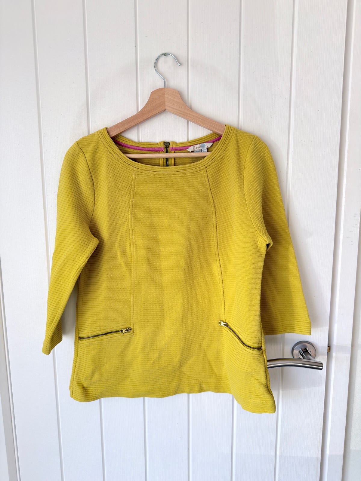 Boden Womens Yellow Ottoman Ribbed Top Size 12 Zip Pocket 3/4 Sleeve Cotton