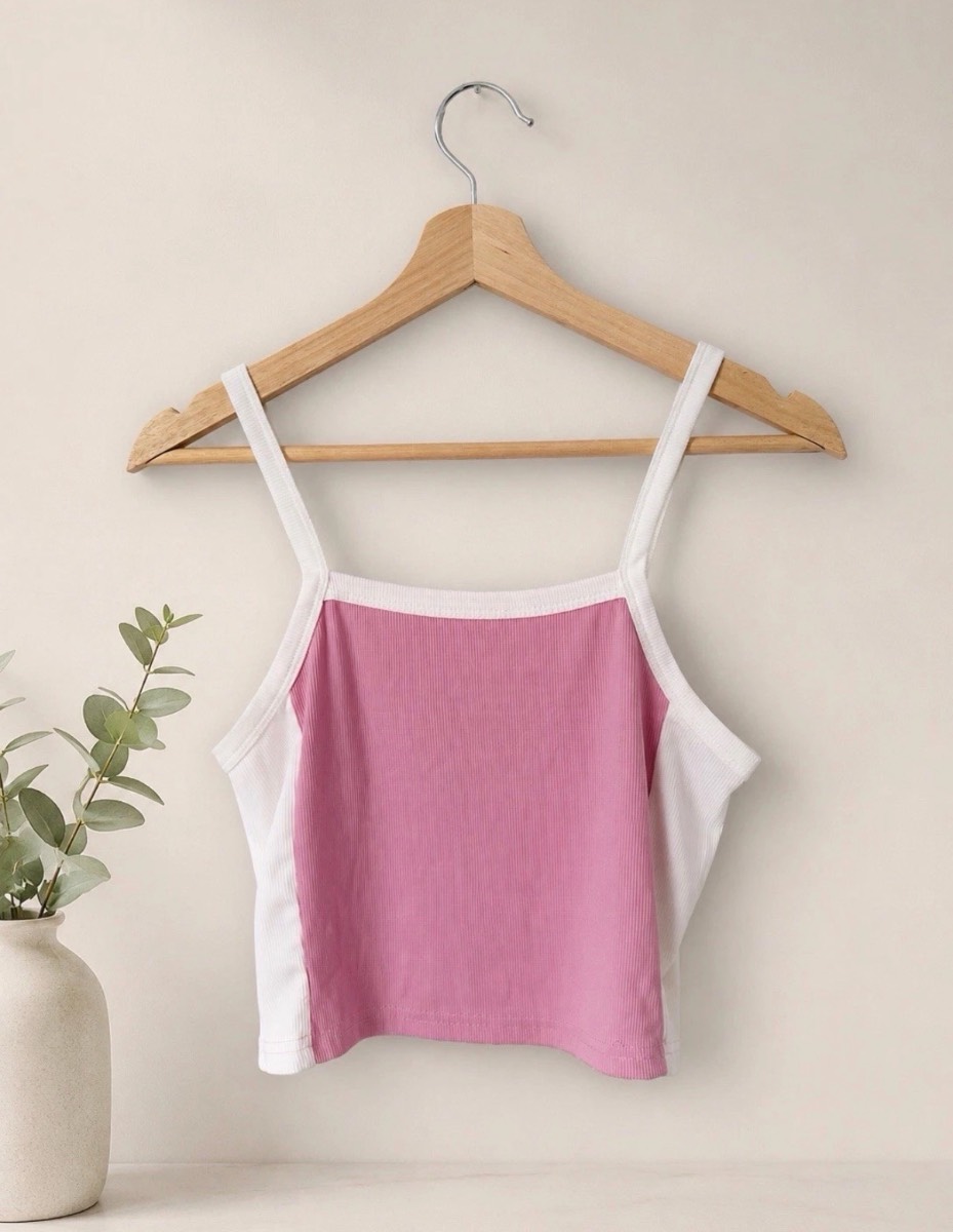 SHEIN Pink & White Ribbed Contrast Cami Crop Top Size Medium (UK 10)