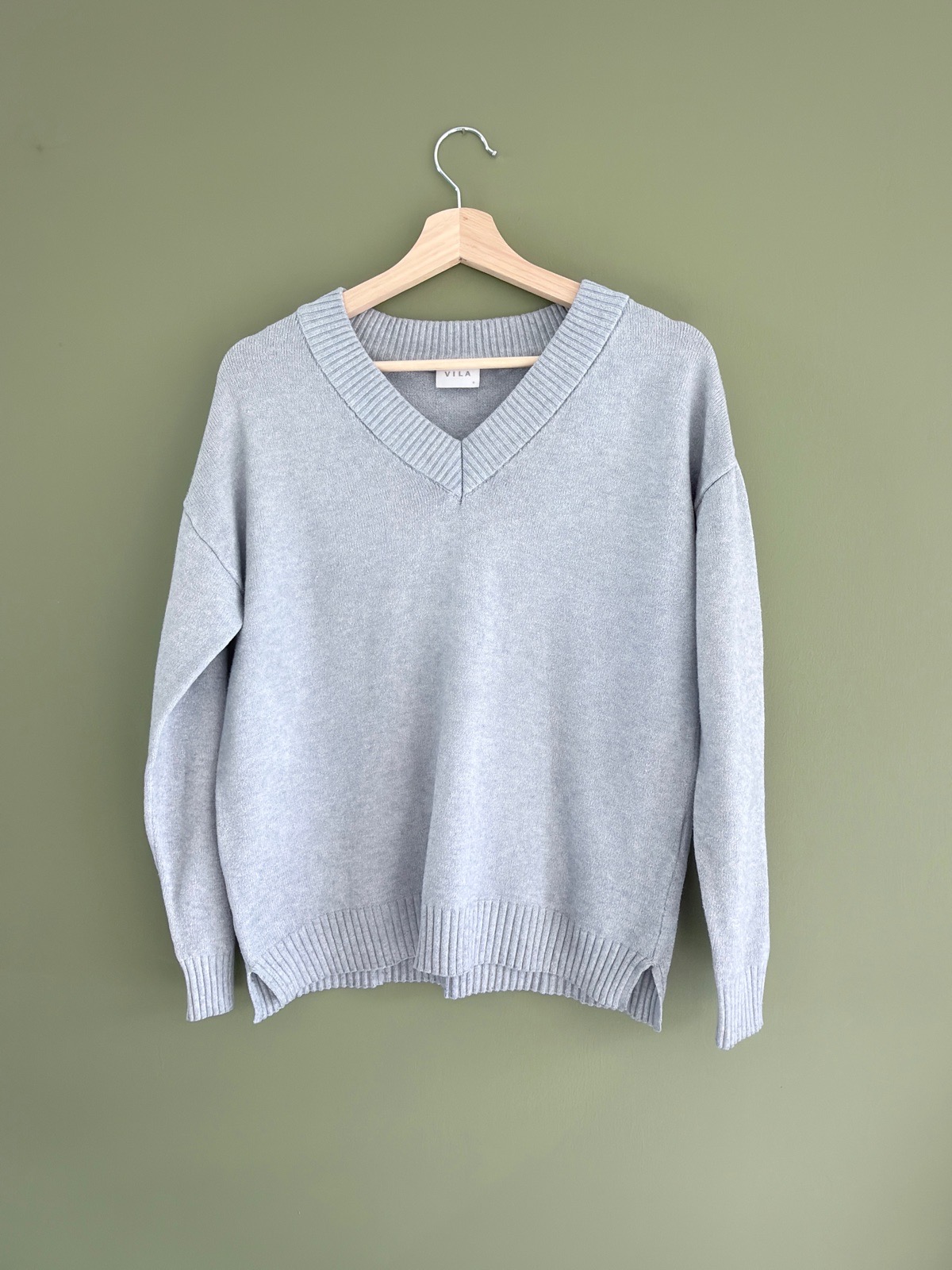VILA Womens Blue V-Neck Oversized Knit Jumper Size S Light Blue Slit Hem