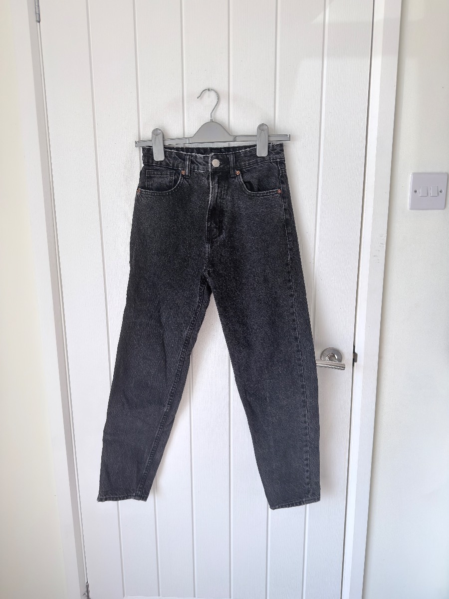 Zara Washed Black Frayed Waistband High Rise Mom Jeans Size EUR 34 UK 6 100% Cotton