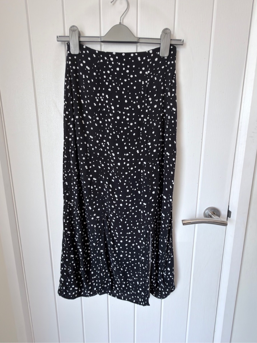 Primark Cares Black Polka Dot Midi Skirt Side Split Viscose Size UK 6