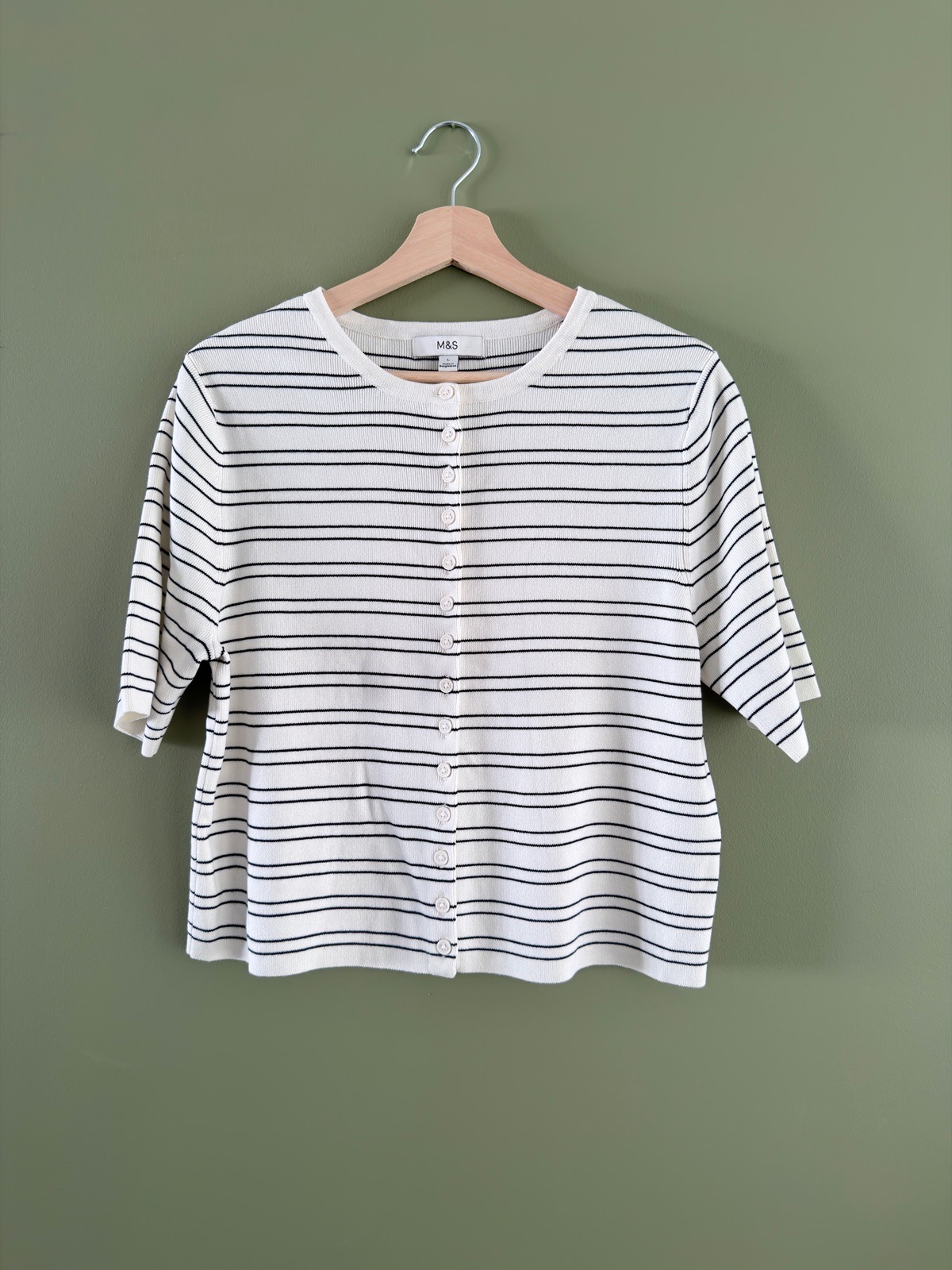 M&S Womens Striped Short Sleeve Cardigan Fine Knit Top Cream Navy Size L