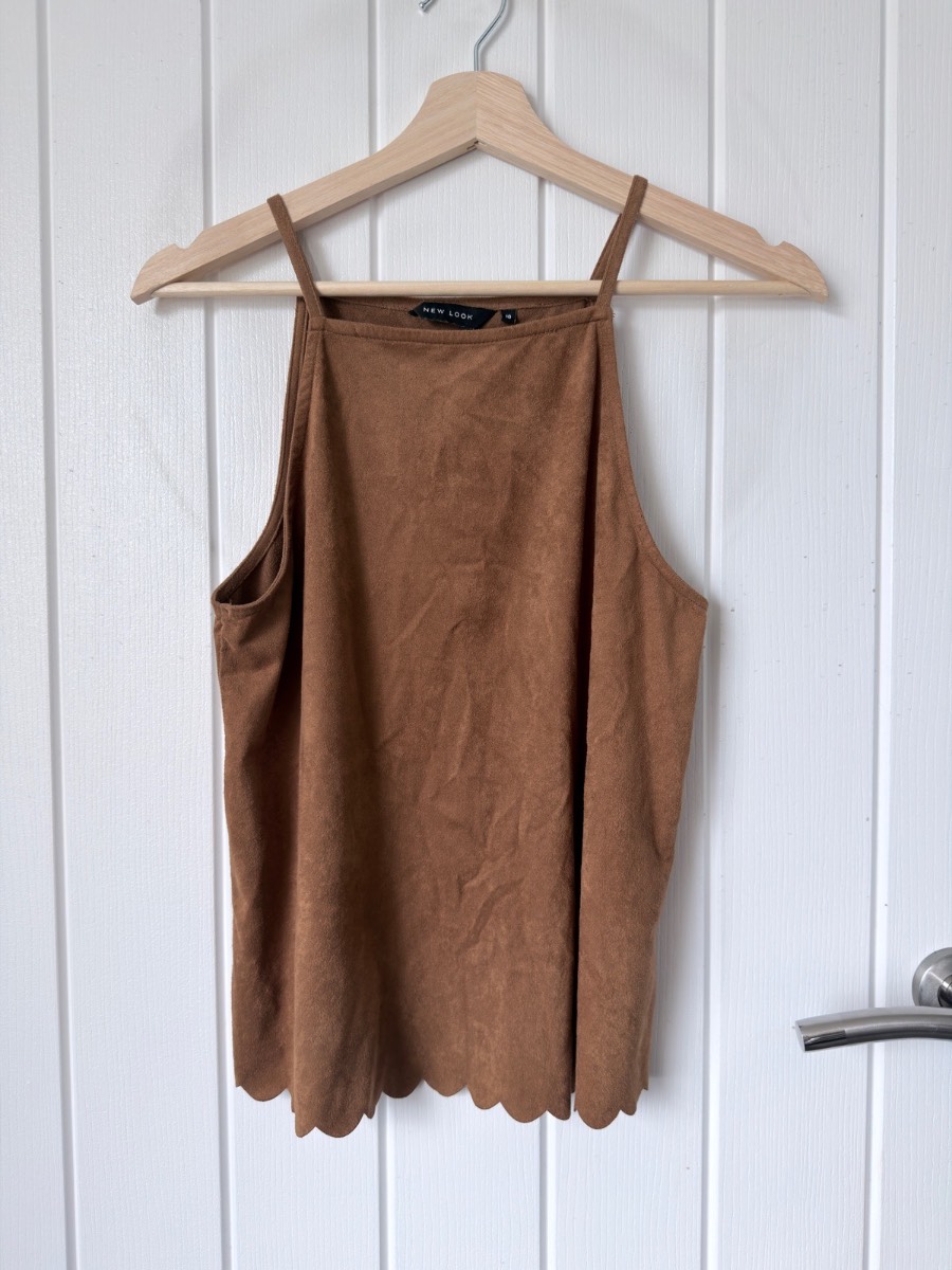 New Look Tan Brown Faux Suede Scalloped Hem Cami Top UK 10