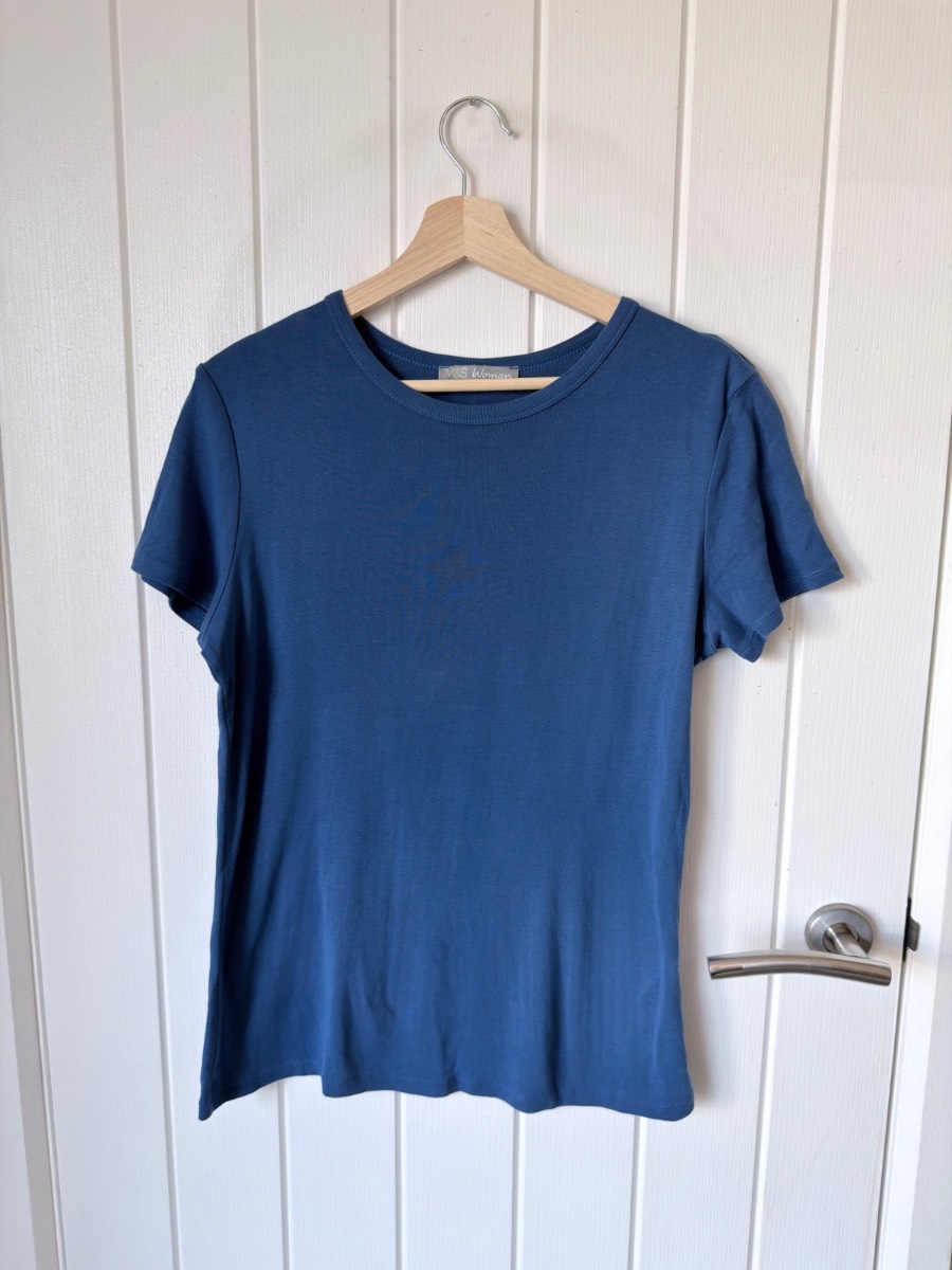 M&S Woman Bright Blue 100% Cotton Crew Neck T-Shirt Size UK 16
