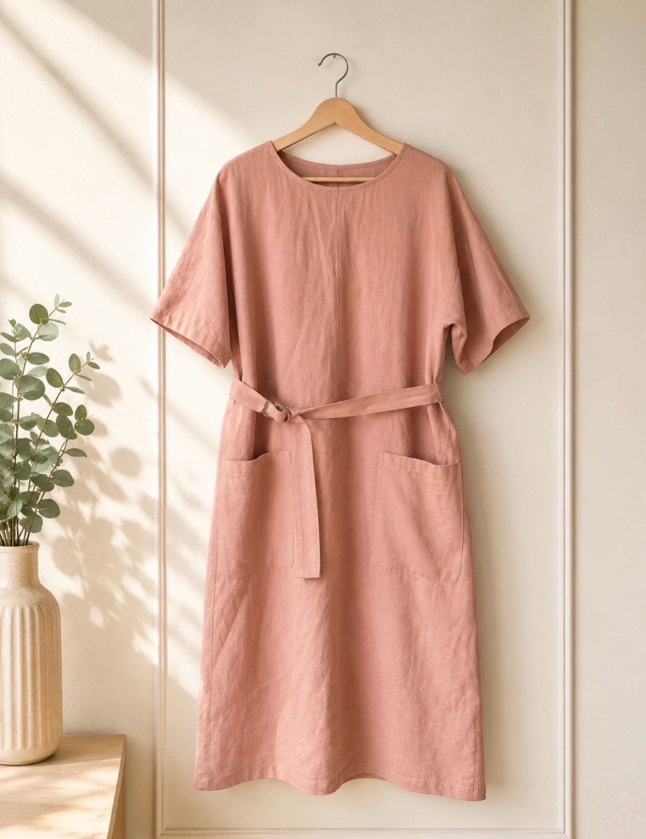 Vintage St Michael Pink Poly Viscose Button Back Midi Dress Belt Pockets Size 16
