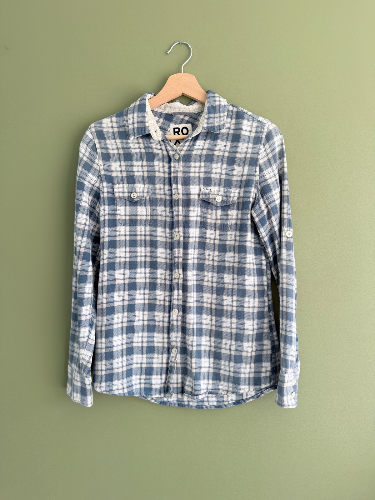 Roxy Women's Blue & White Plaid Check Flannel Shirt Size Small