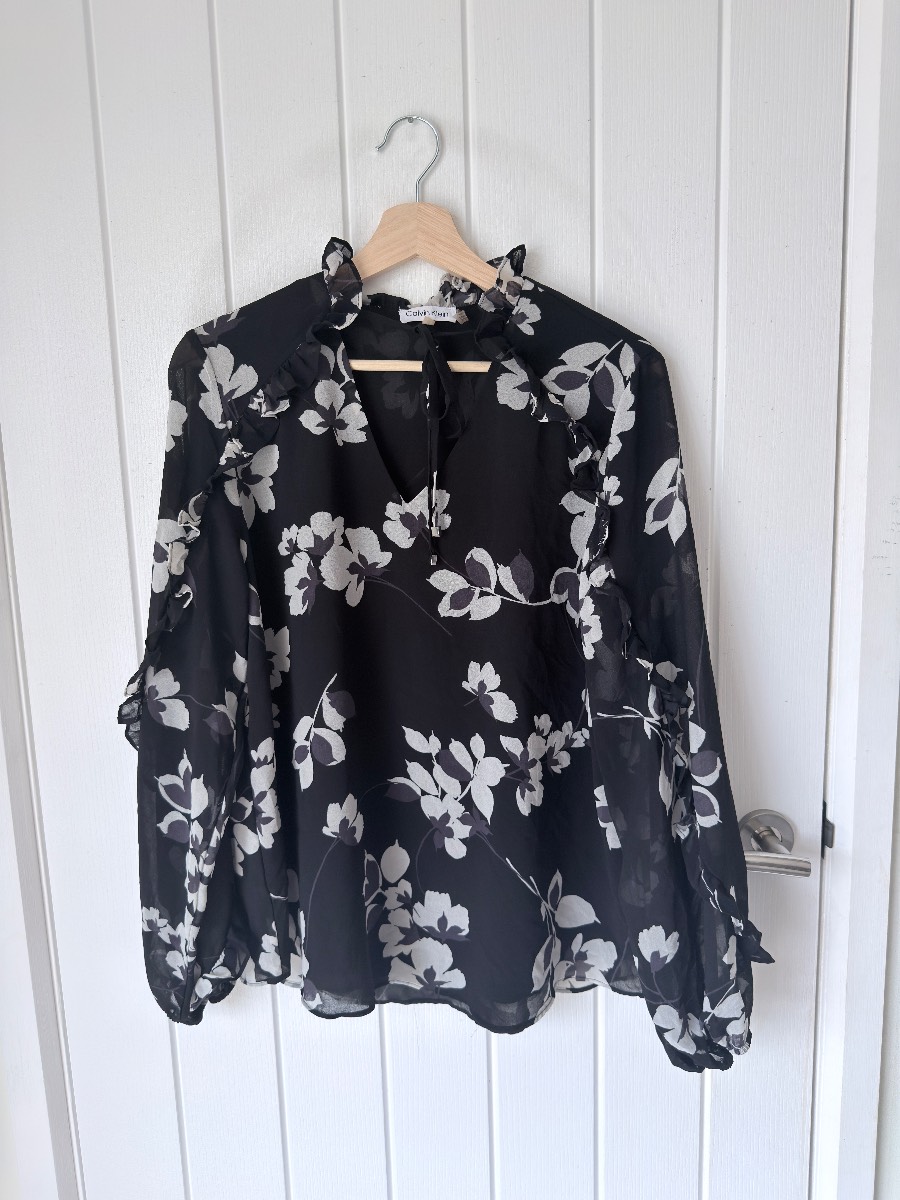 Calvin Klein Womens Floral Chiffon Blouse Top Black White Ruffle Neck Size Large