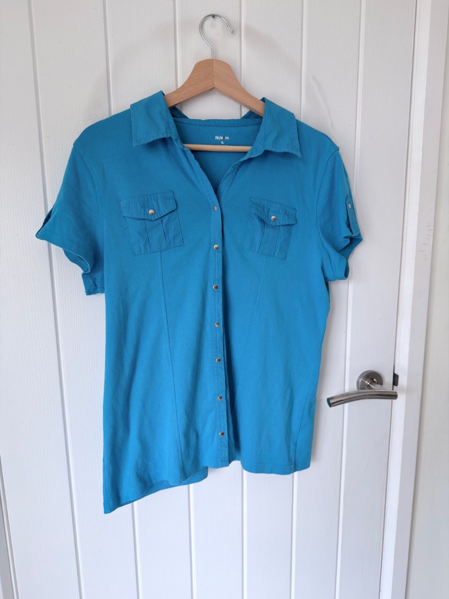 Style & Co Turquoise Blue 100% Cotton Snap Button Down Short Sleeve Shirt Pockets Size XL
