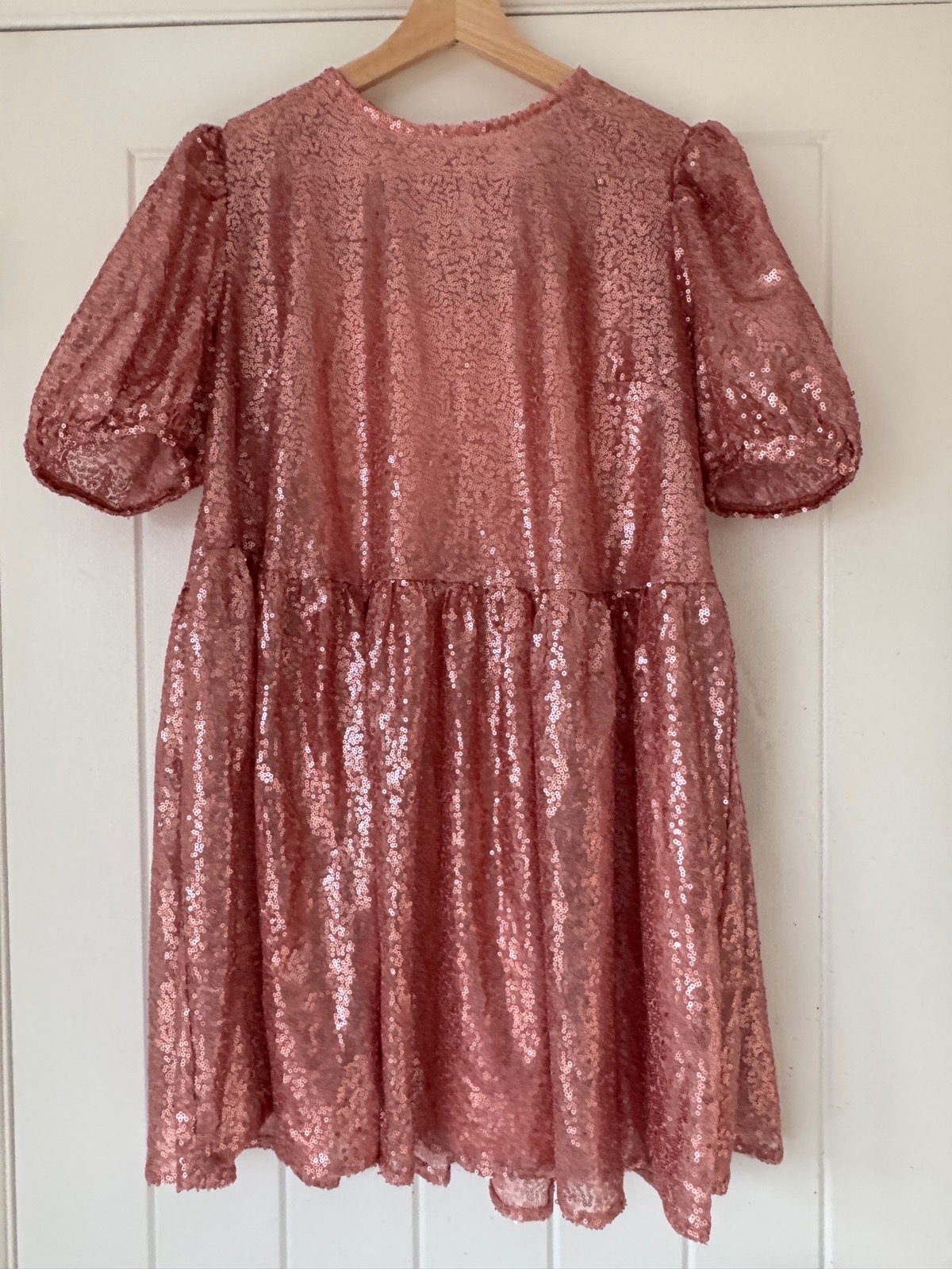 Collective The Label Rose Gold Sequin Puff Sleeve Babydoll Mini Dress (Size UK 8)