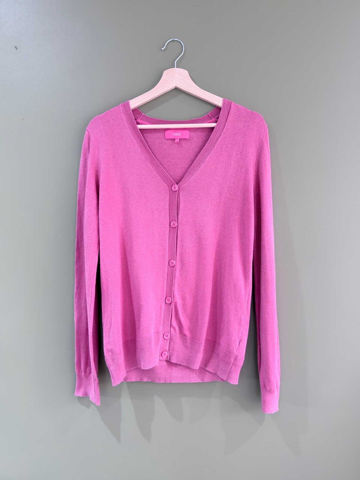Next Womens UK 10 Pink Cotton Blend V-Neck Button Down Fine Knit Cardigan
