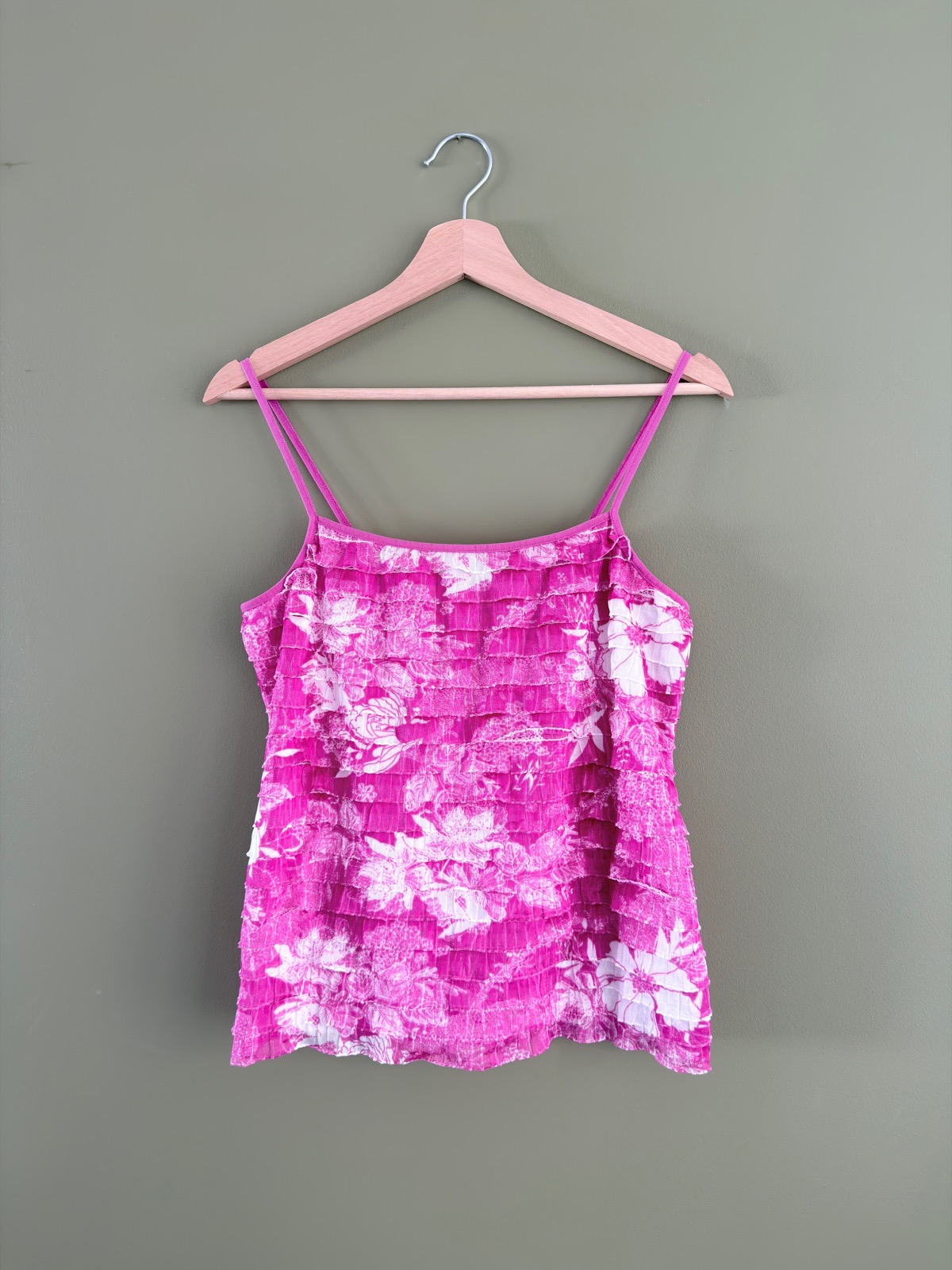 Per Una Women's Bright Pink Floral Tiered Ruffle Cami Top Size UK 12 Y2K
