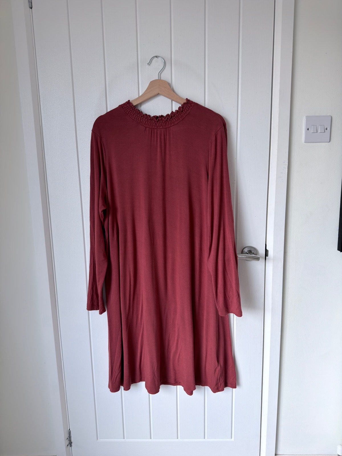 M&S Collection Women's Dark Orange Rust Long Sleeve Shirred High Neck Swing Dress Size UK 22 Long