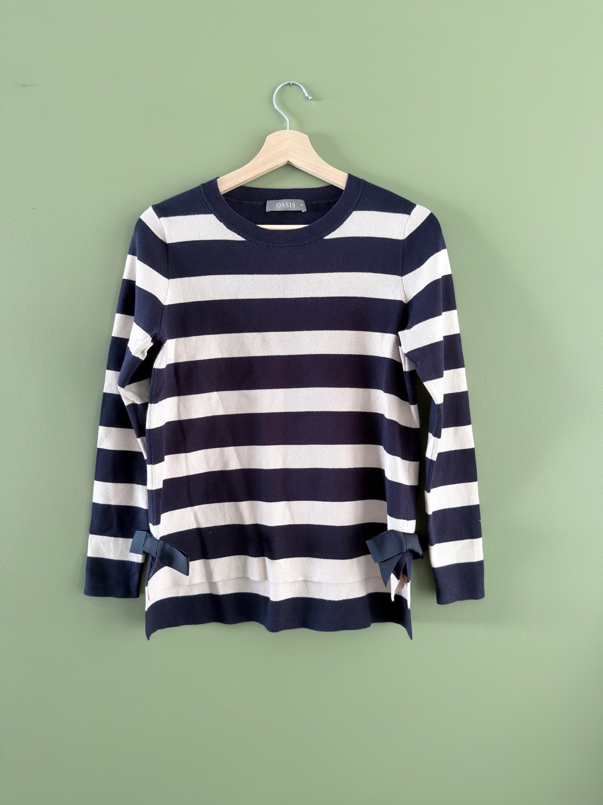 Oasis Womens Striped Jumper Navy Blue Cream Bow Detail Side Split Jumper Size M