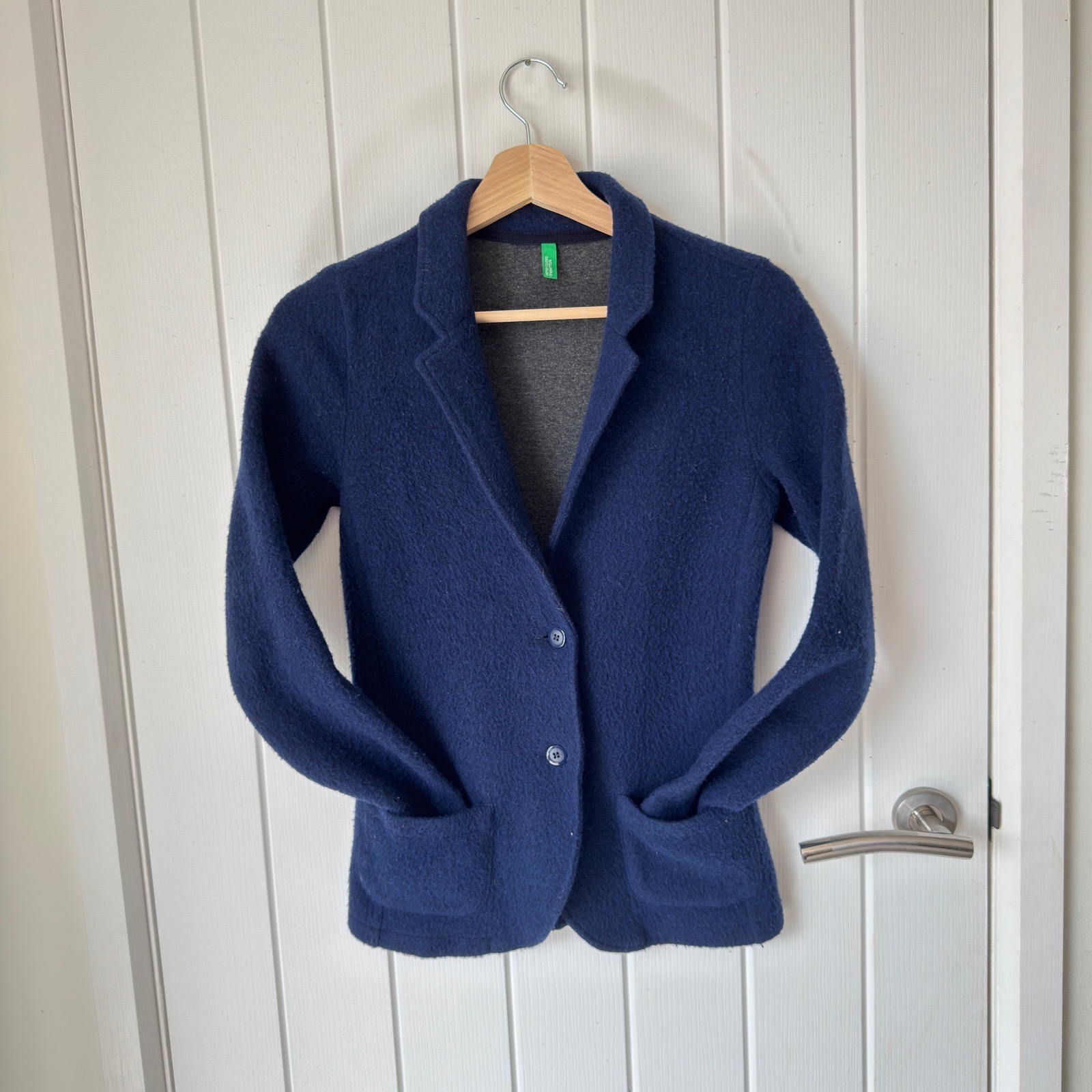 United Colours Of Benneton Women’s Dark Blue Wool Mix Knit Blazer, Size XS