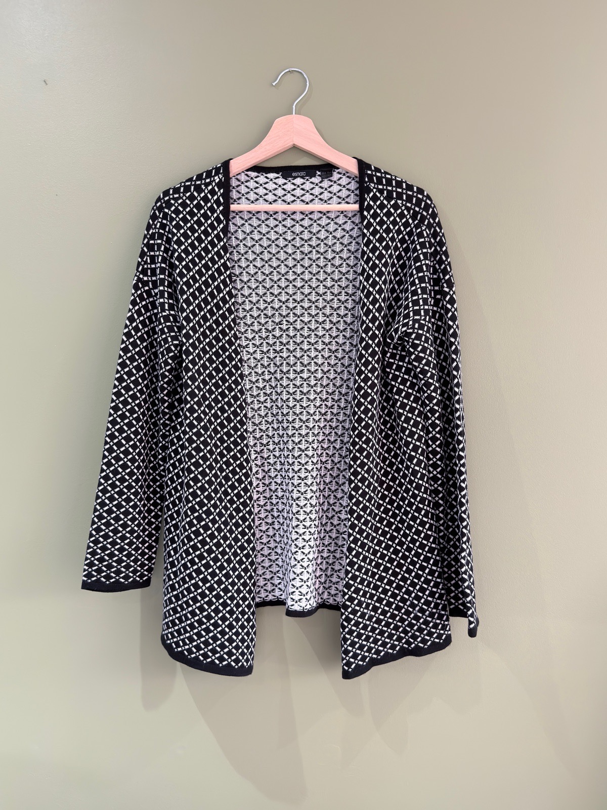 Esmara Womens UK 10 12 Black White Geometric Grid Open Front Knitted Cardigan