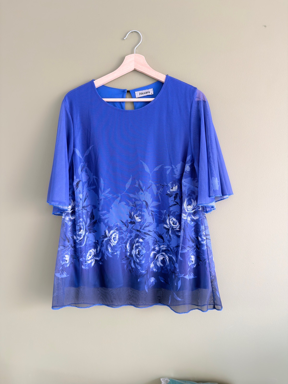 Alexara Womens Floral Mesh Overlay Blouse Royal Blue Flutter Sleeve Top Size L
