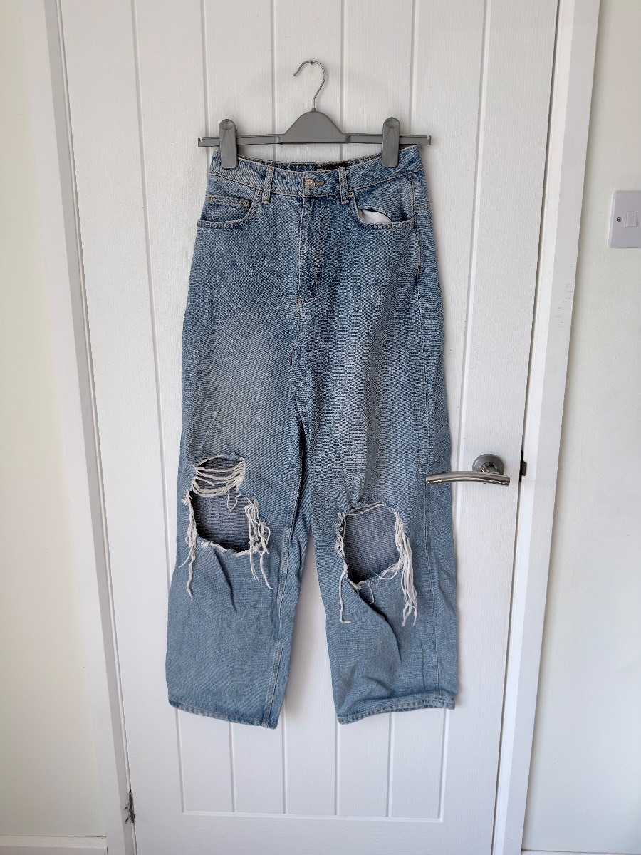 ASOS Design Distressed Ripped Knee Wide Leg Jeans Blue Denim W25 L30