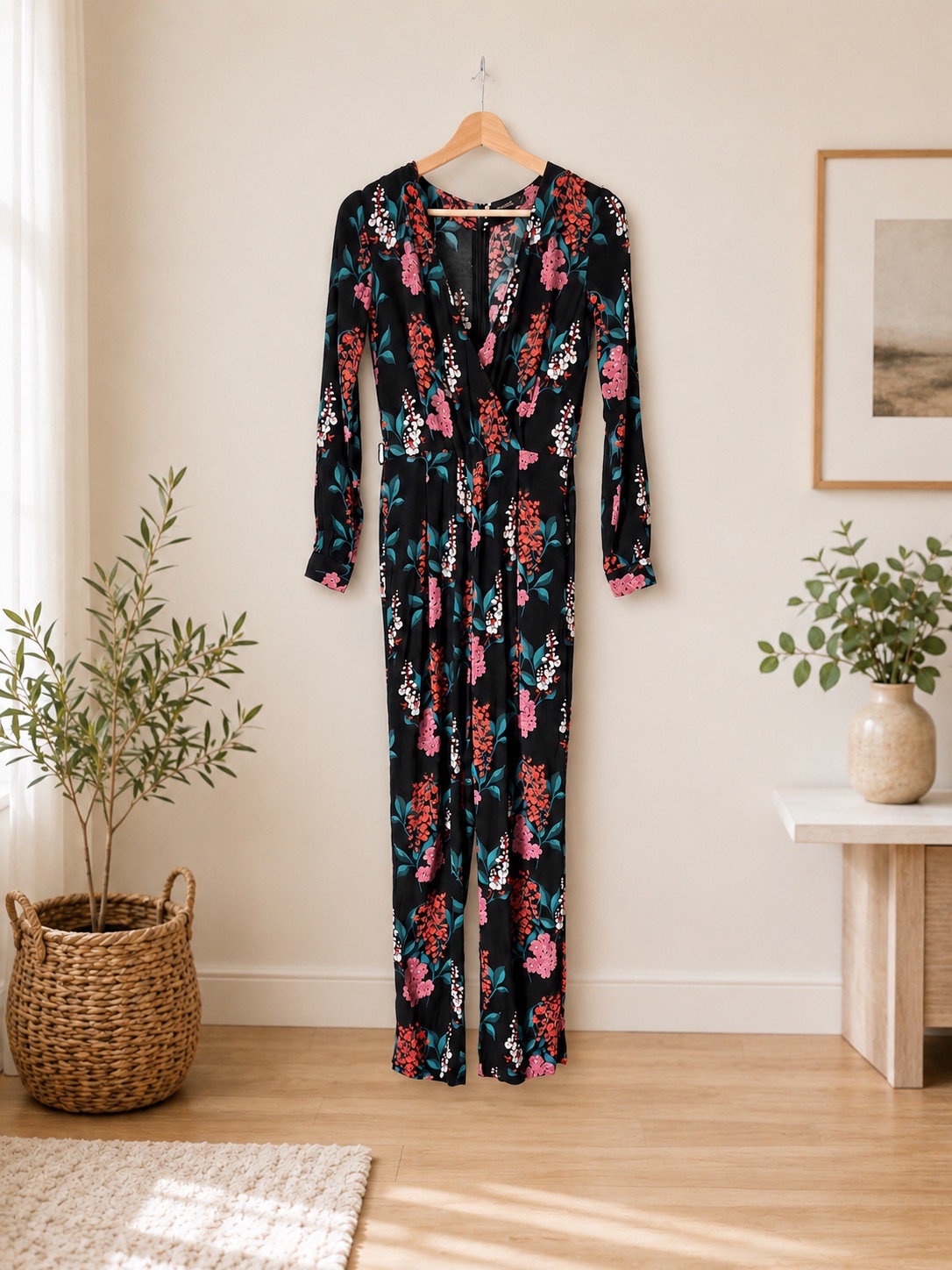 Massimo Dutti Floral Jumpsuit Long Sleeve Wrap Front Black Pink Size 34 / UK 6