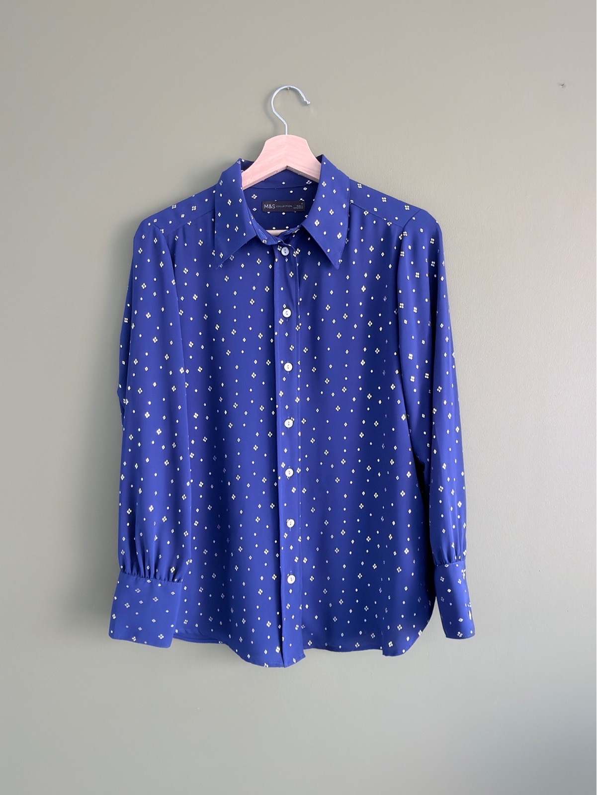 M&S Collection Royal Blue Silver Foil Diamond Print Shirt Blouse UK 12
