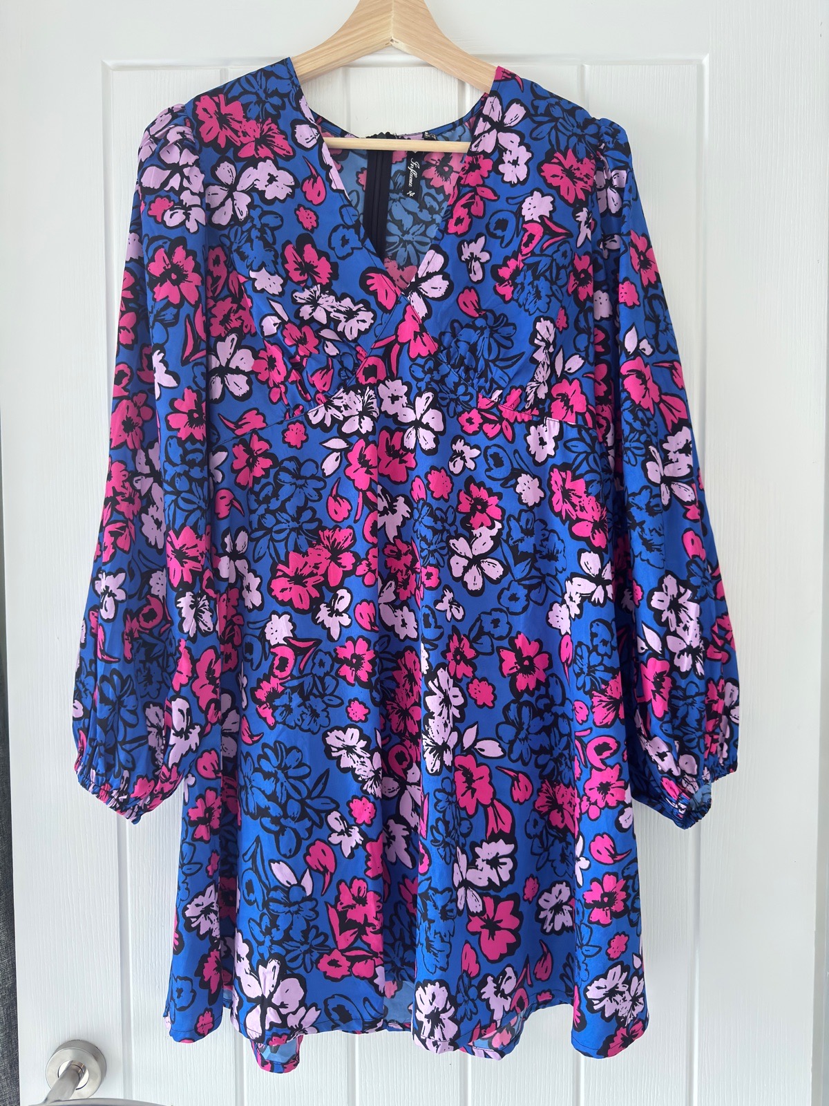 Influence Blue Pink Floral V-Neck Long Sleeve Mini Dress UK 14
