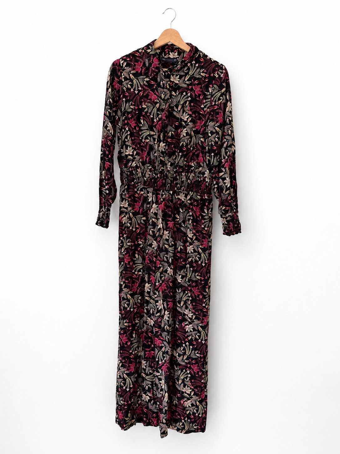 M&S Collection Floral Shirred Waist Long Sleeve Jumpsuit Black Mix UK 12 Short